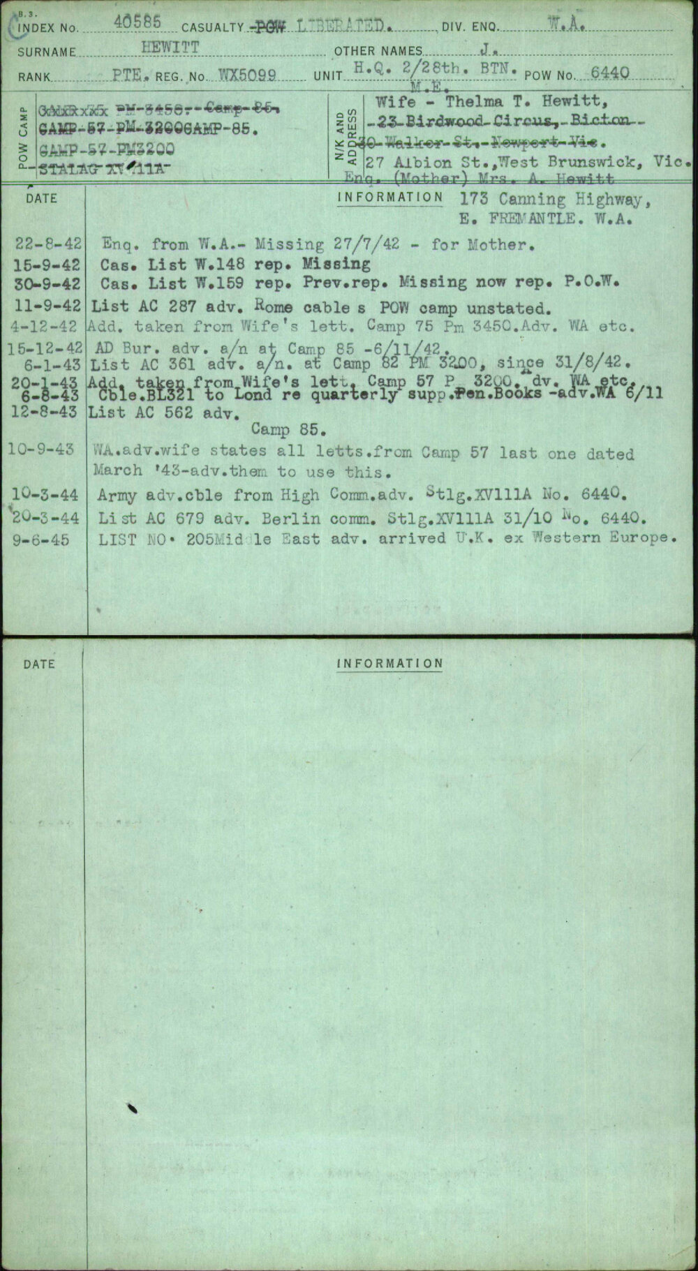 Hewitt, J, WX5099