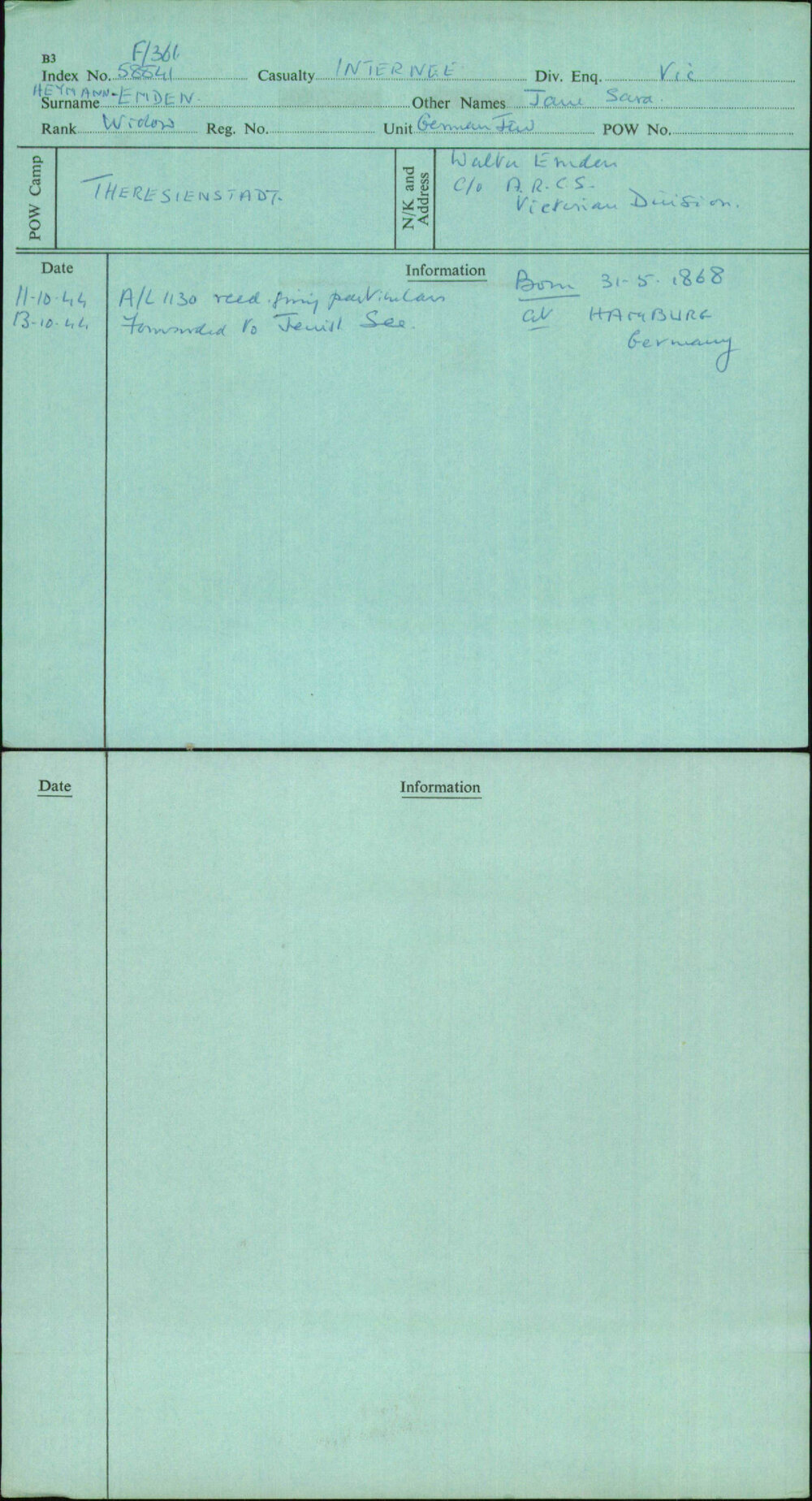 Heymann-Emden, Jane Sara, [No Service Number]