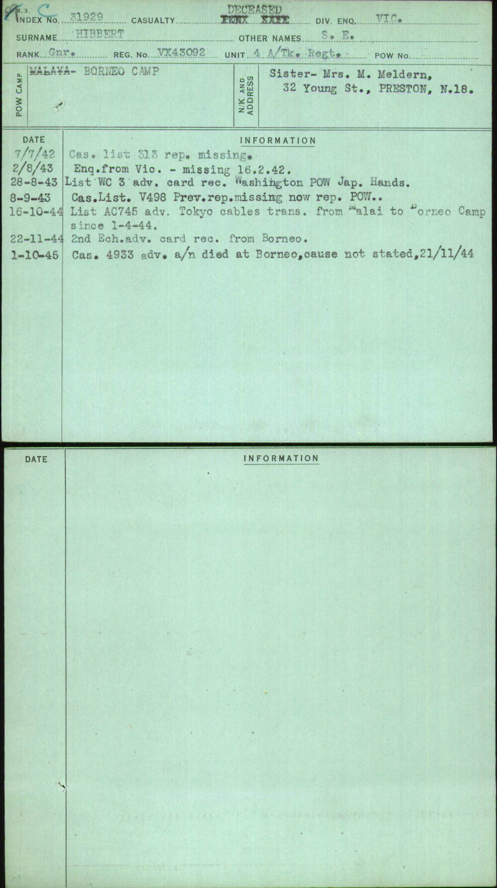 Hibbert, S E, VX43092