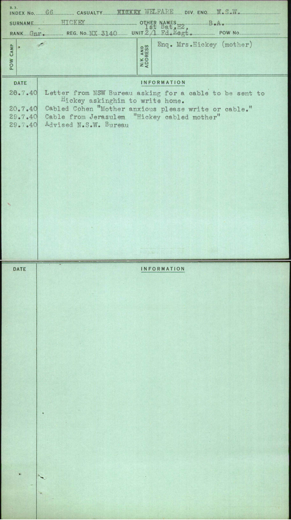 Hickey, B A, NX3140