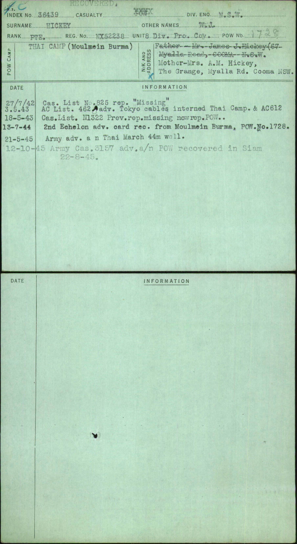 Hickey, W J, NX52238