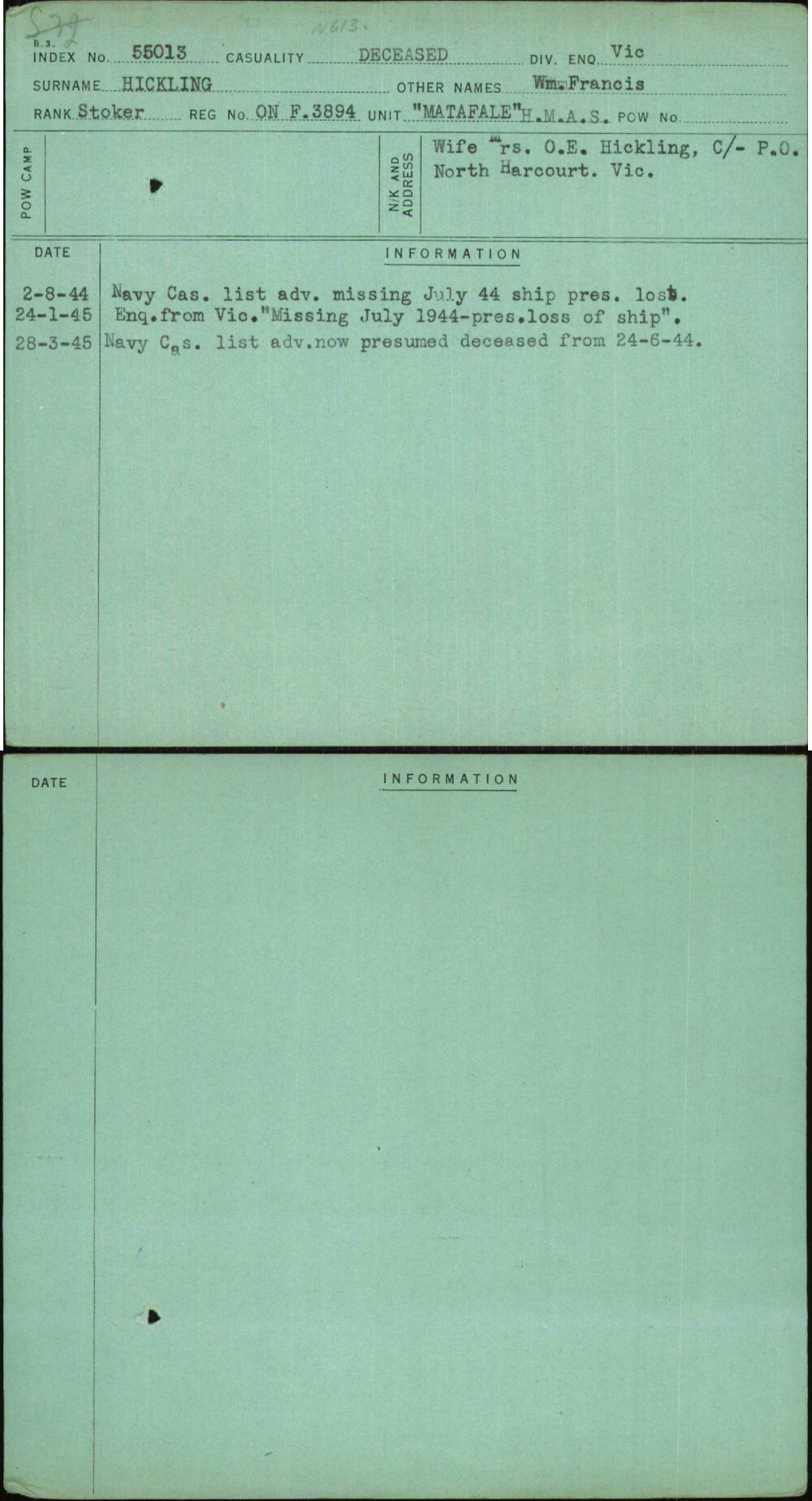 Hickling, Wm Francis, Onf3894