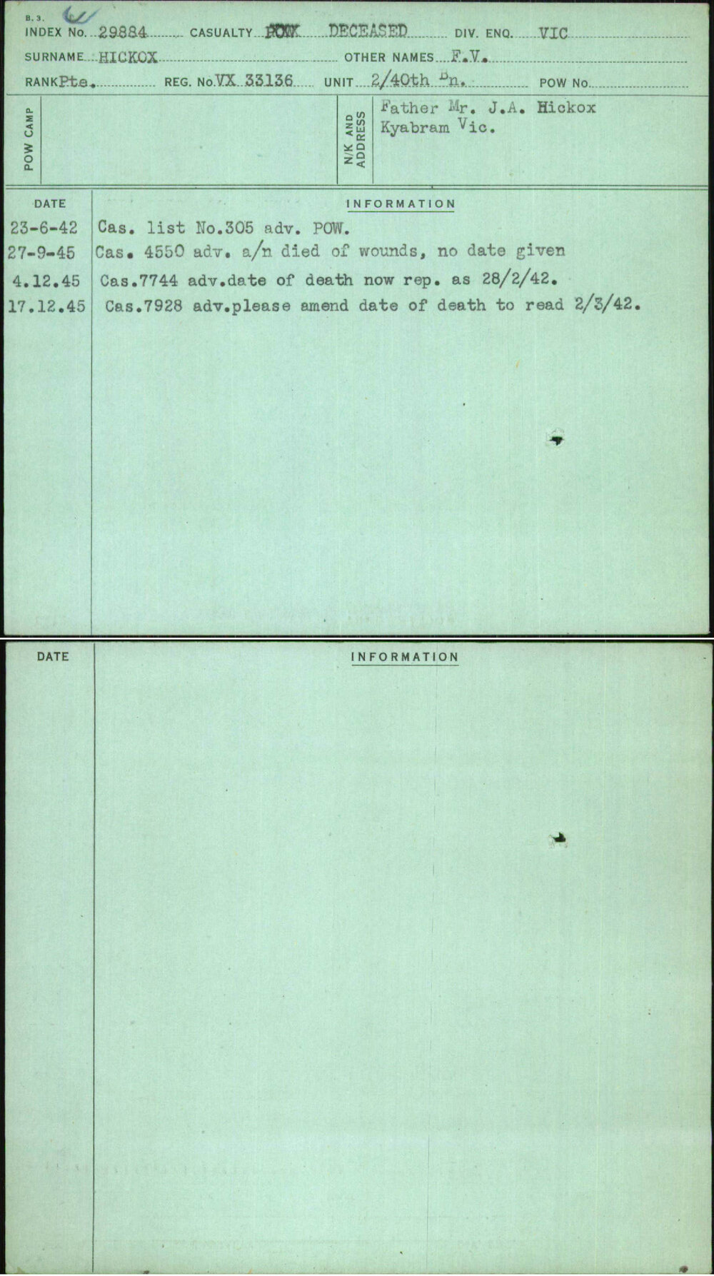 Hickox, F V, VX33136