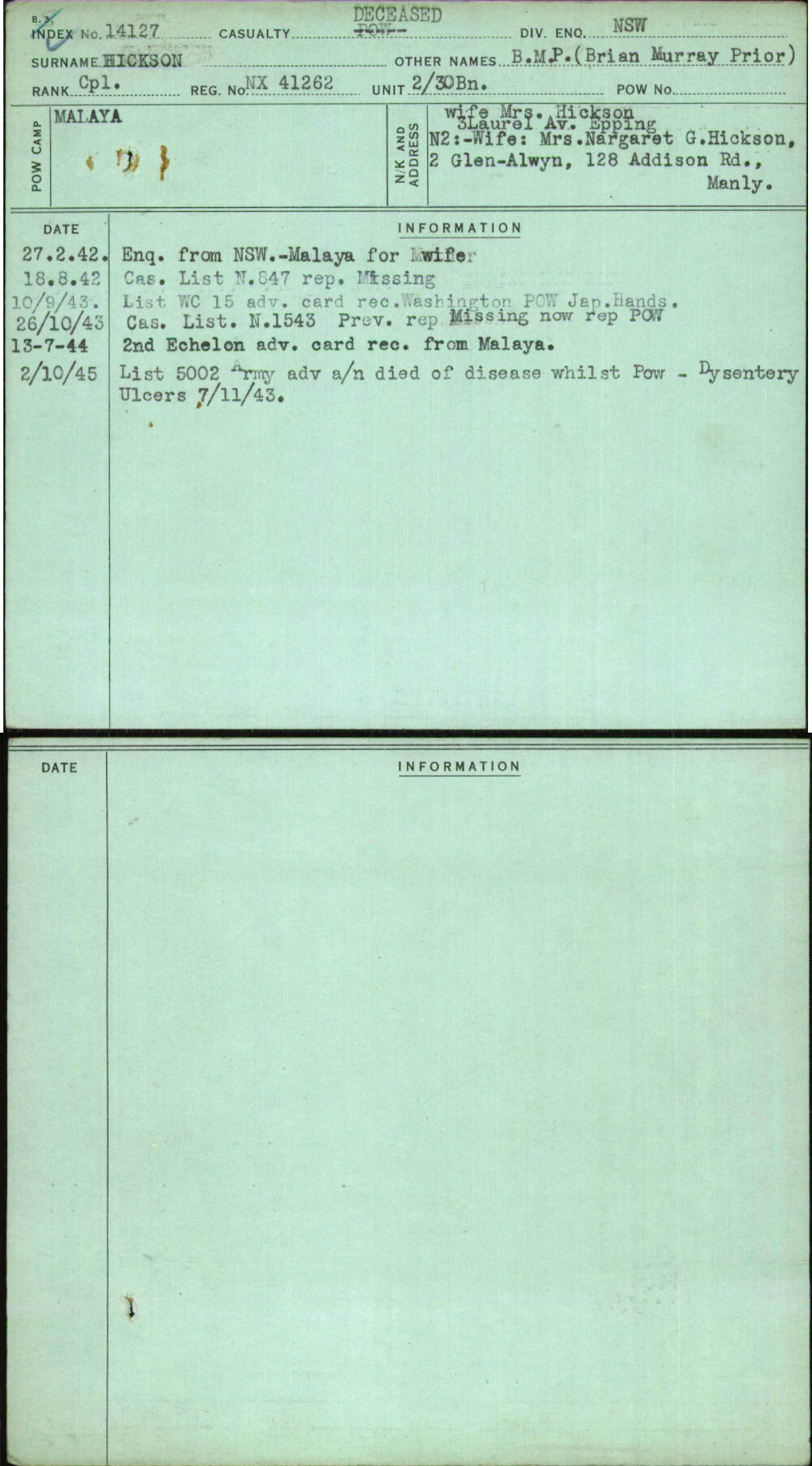 Hickson, B M P (Brian Murray Prior), NX41262
