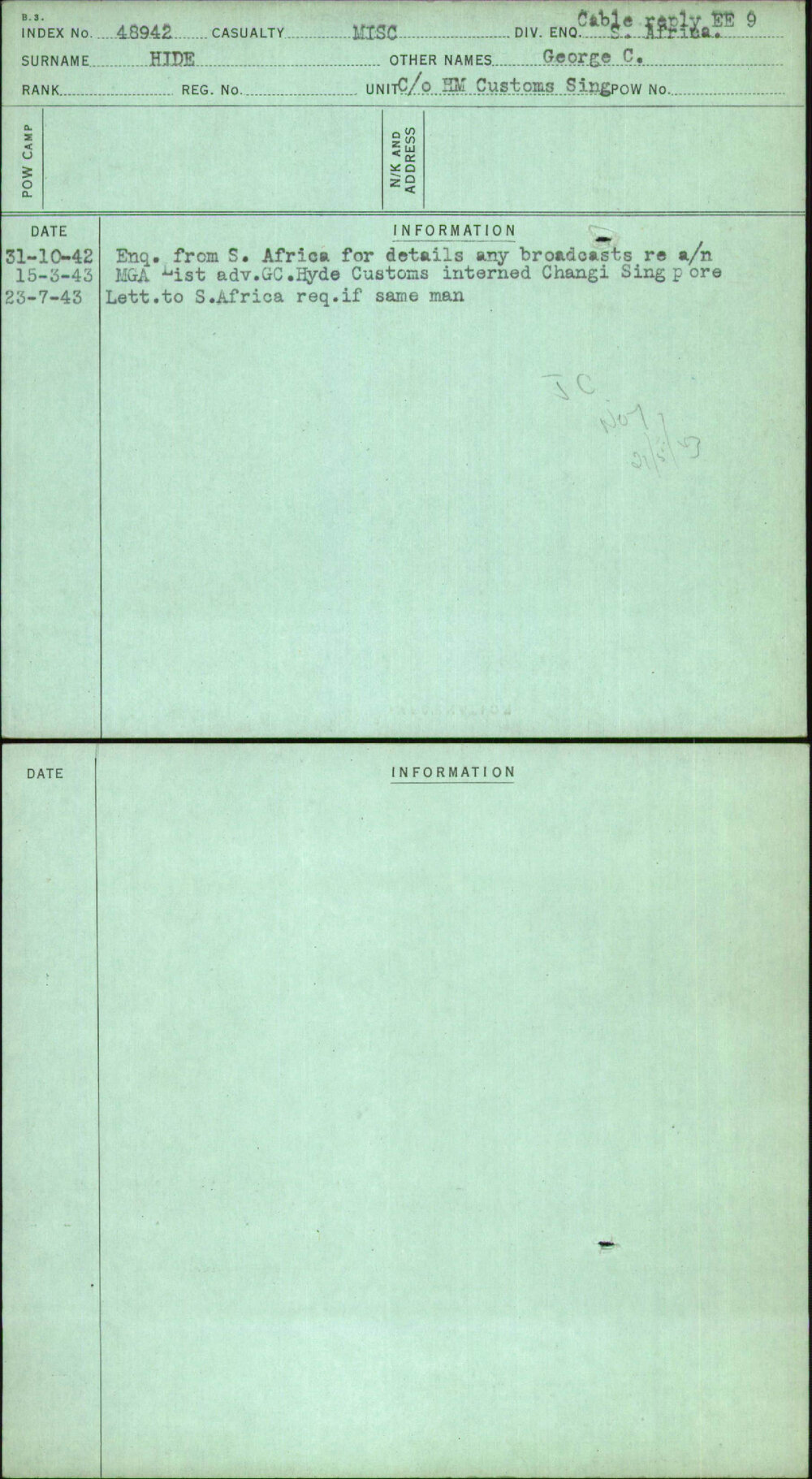 Hide, George C, [No Service Number]