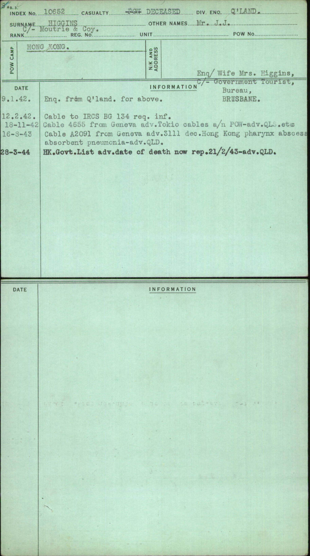 Higgins, Mr J J, [No Service Number]