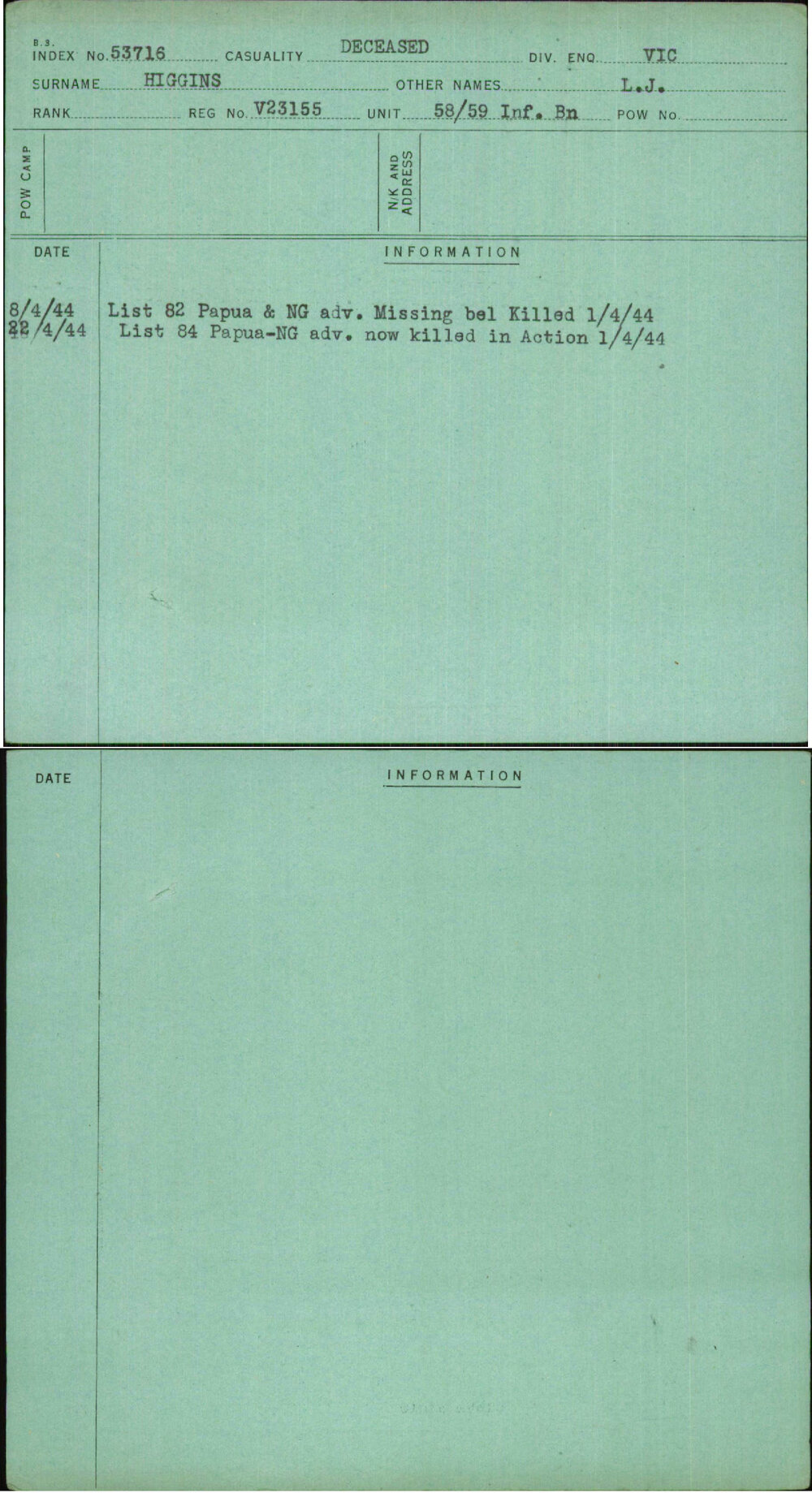 Higgins, L J, V23155