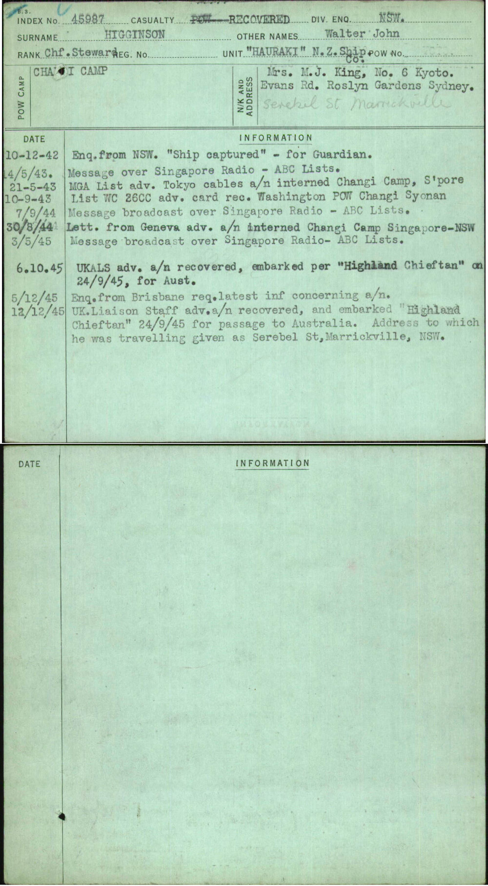 Higginson, Walter John, [No Service Number]