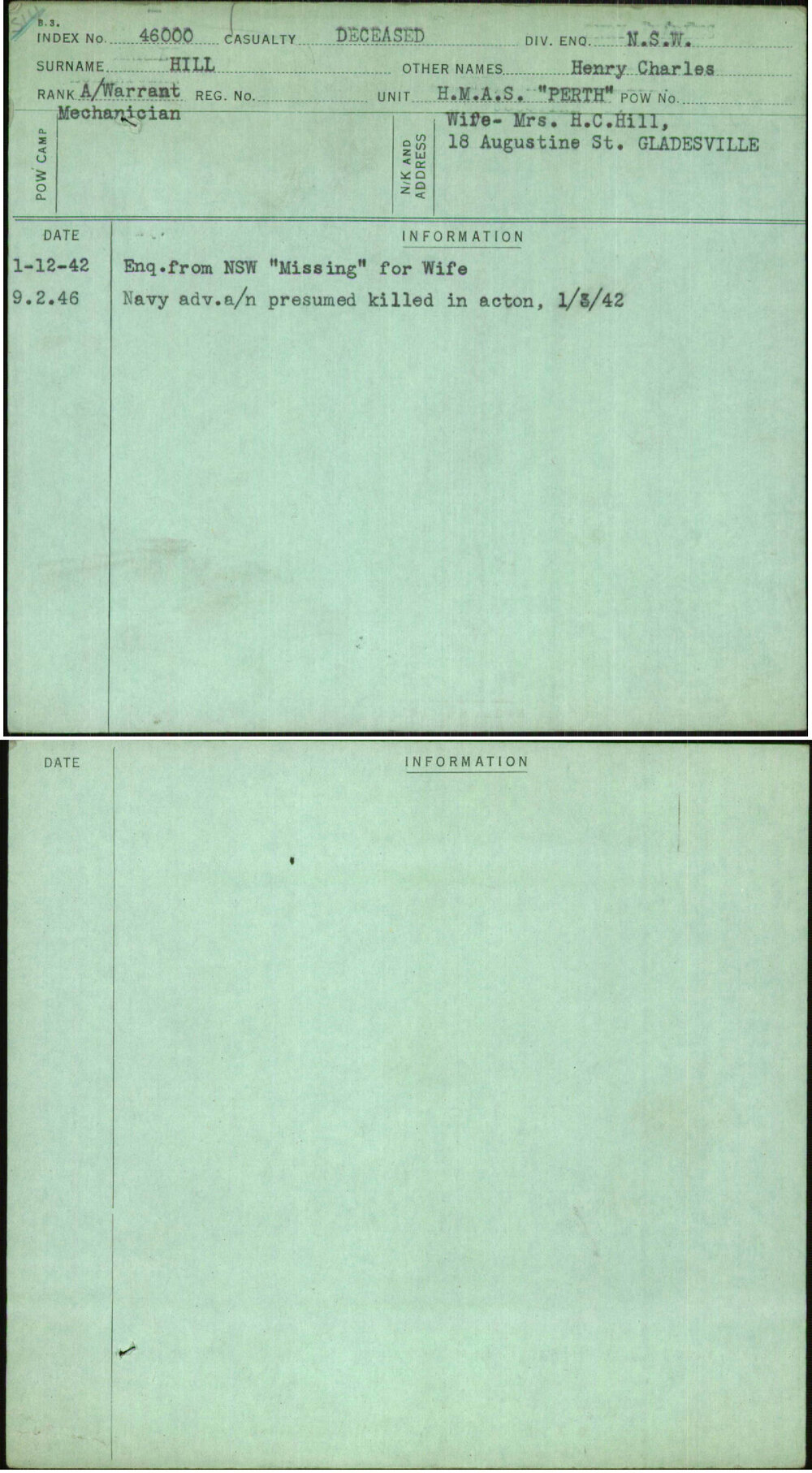Hill, Henry Charles, [No Service Number]