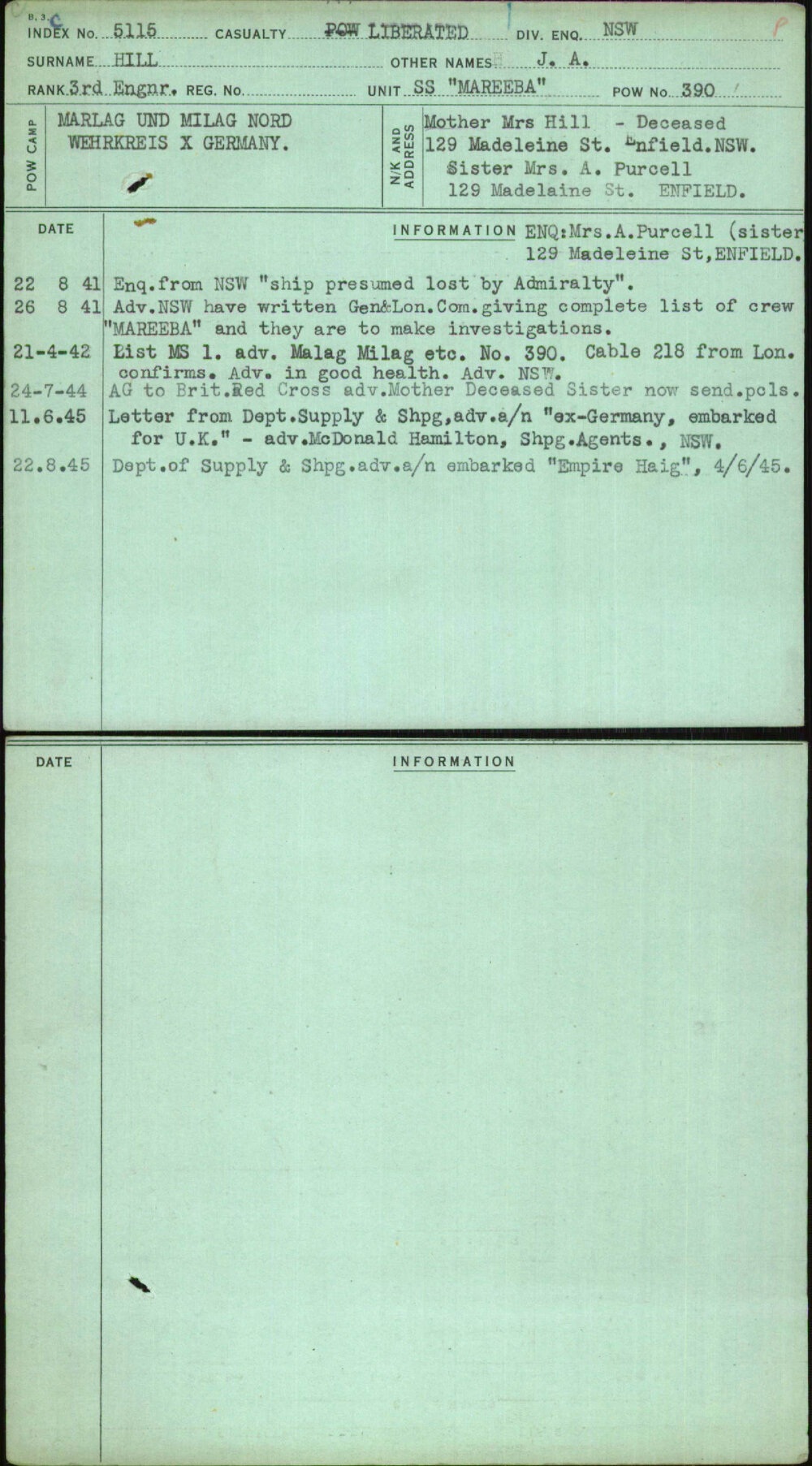 Hill, J A, [No Service Number]