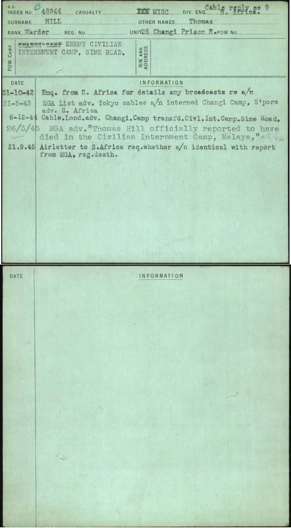 Hill, Thomas, [No Service Number]