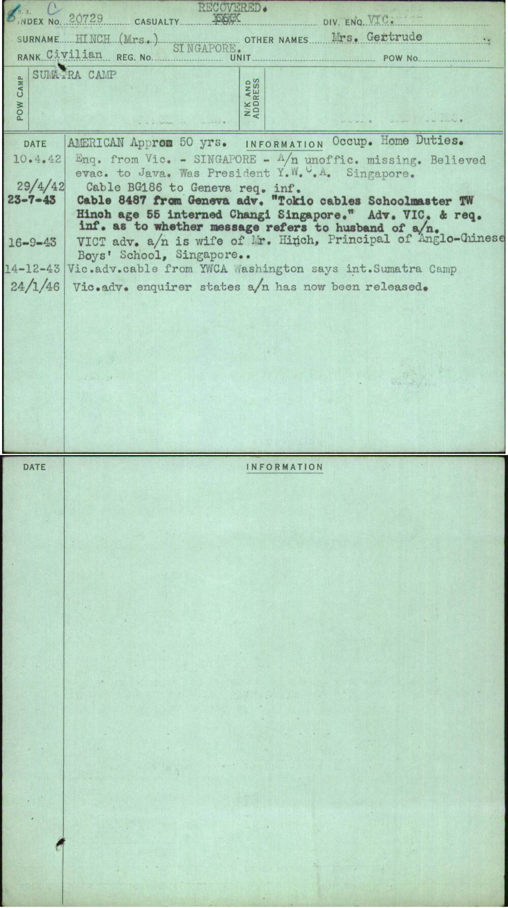 Hinch (Mrs), Mrs Gertrude, Singapore