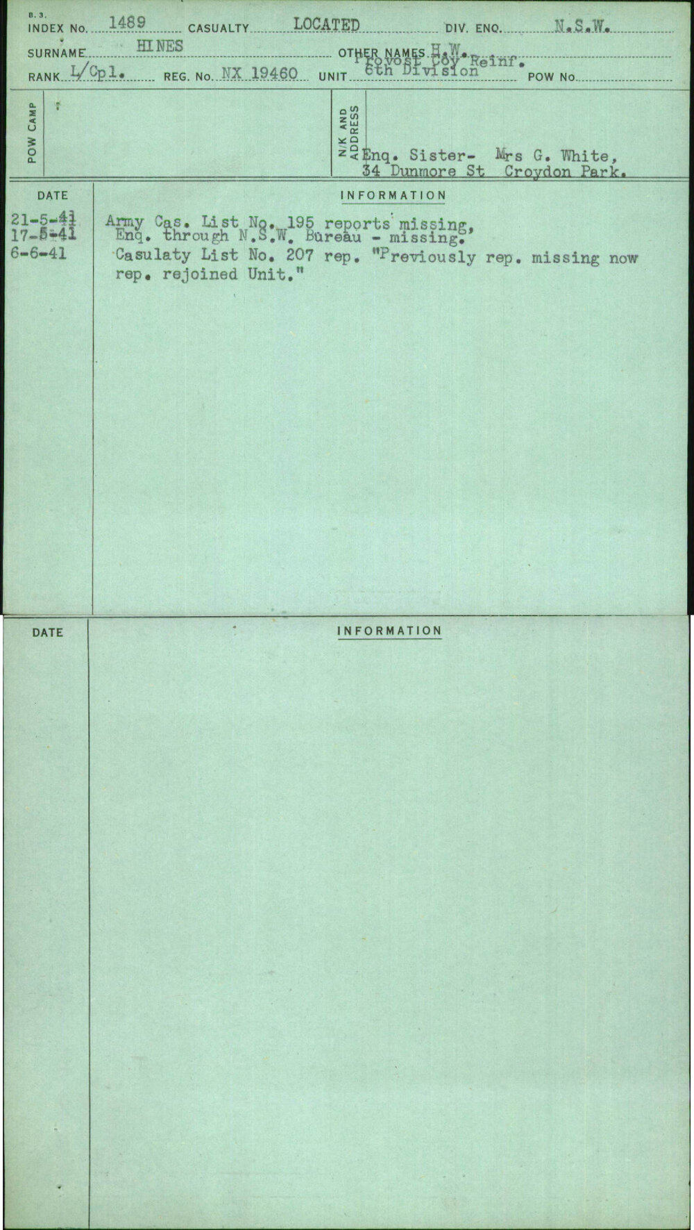 Hines, H W, NX19460