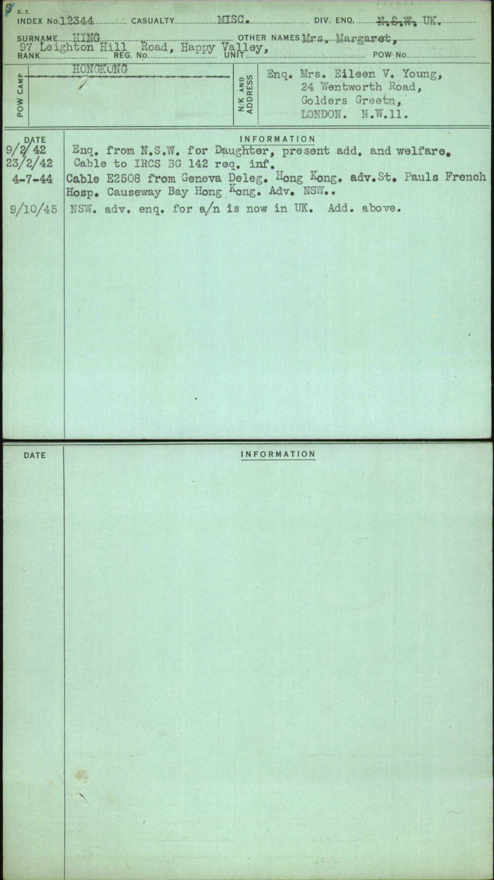 Hing, Mrs Margaret, [No Service Number]