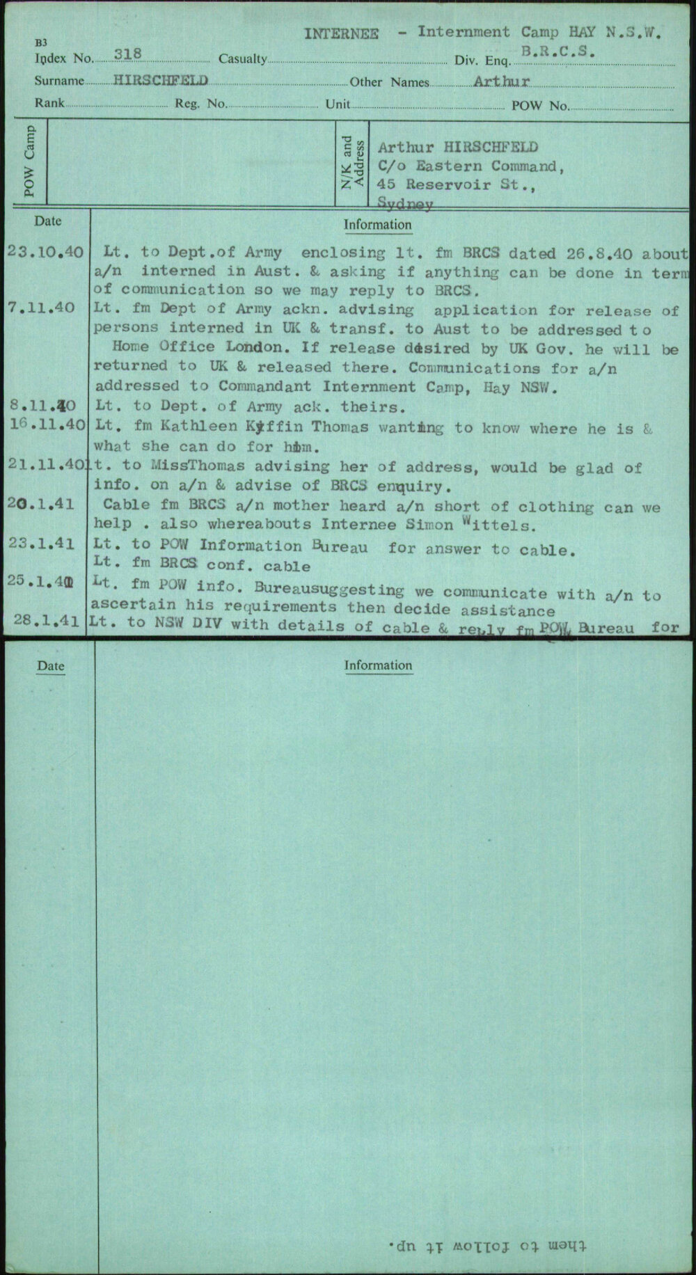 Hirschfeld, B R C S, [No Service Number]