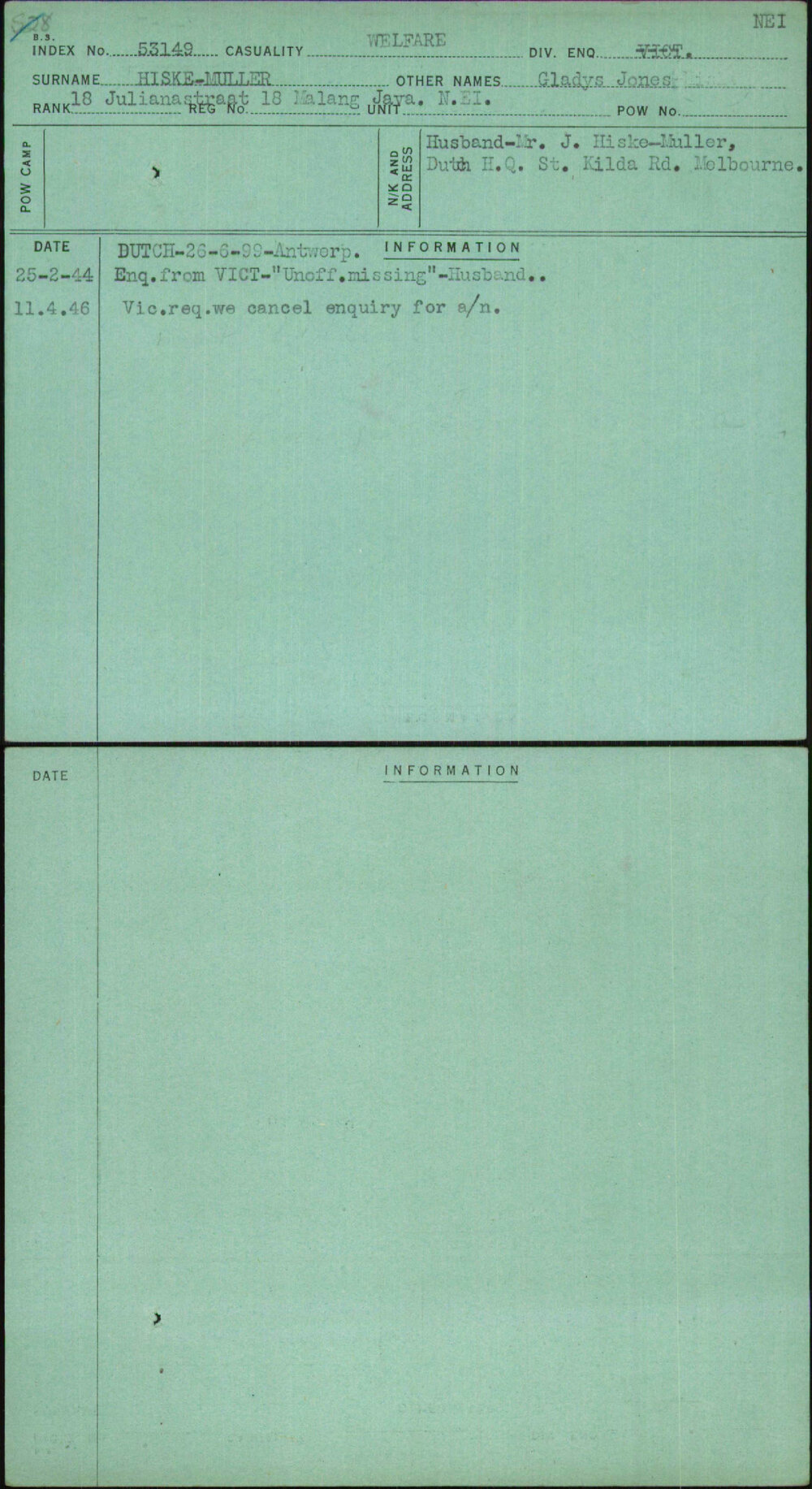 Hiske-Muller, Gladys Jones, [No Service Number]