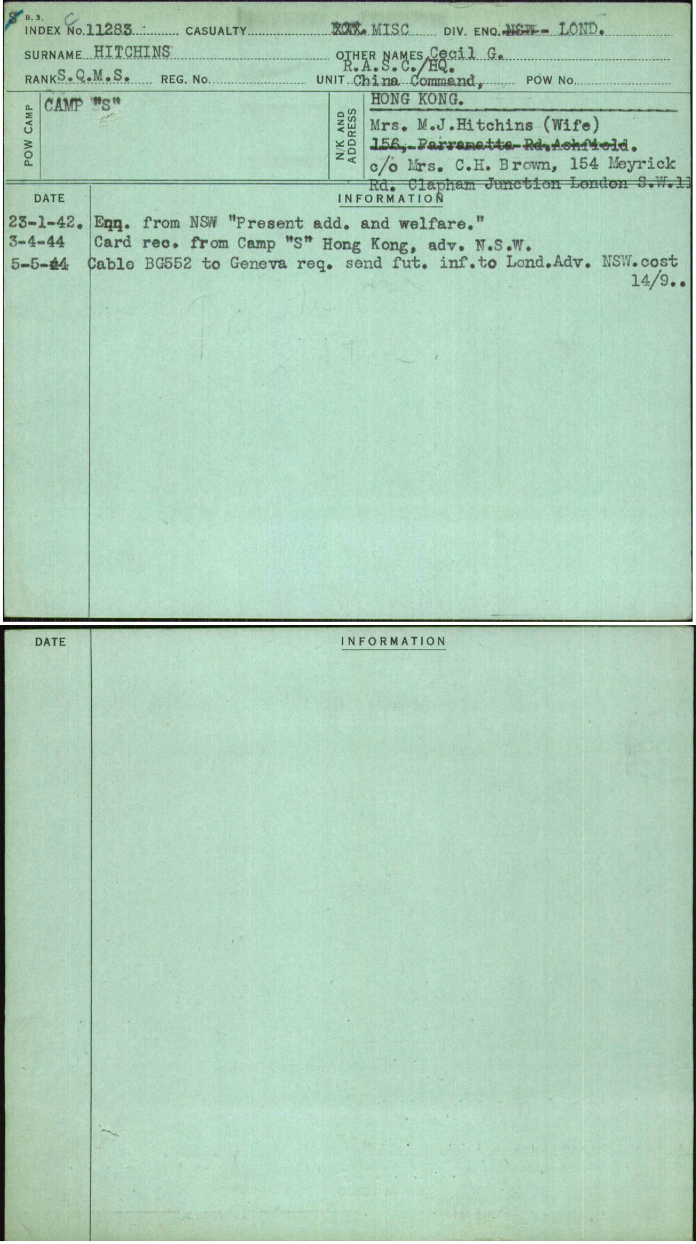 Hitchins, Cecil G, [No Service Number]