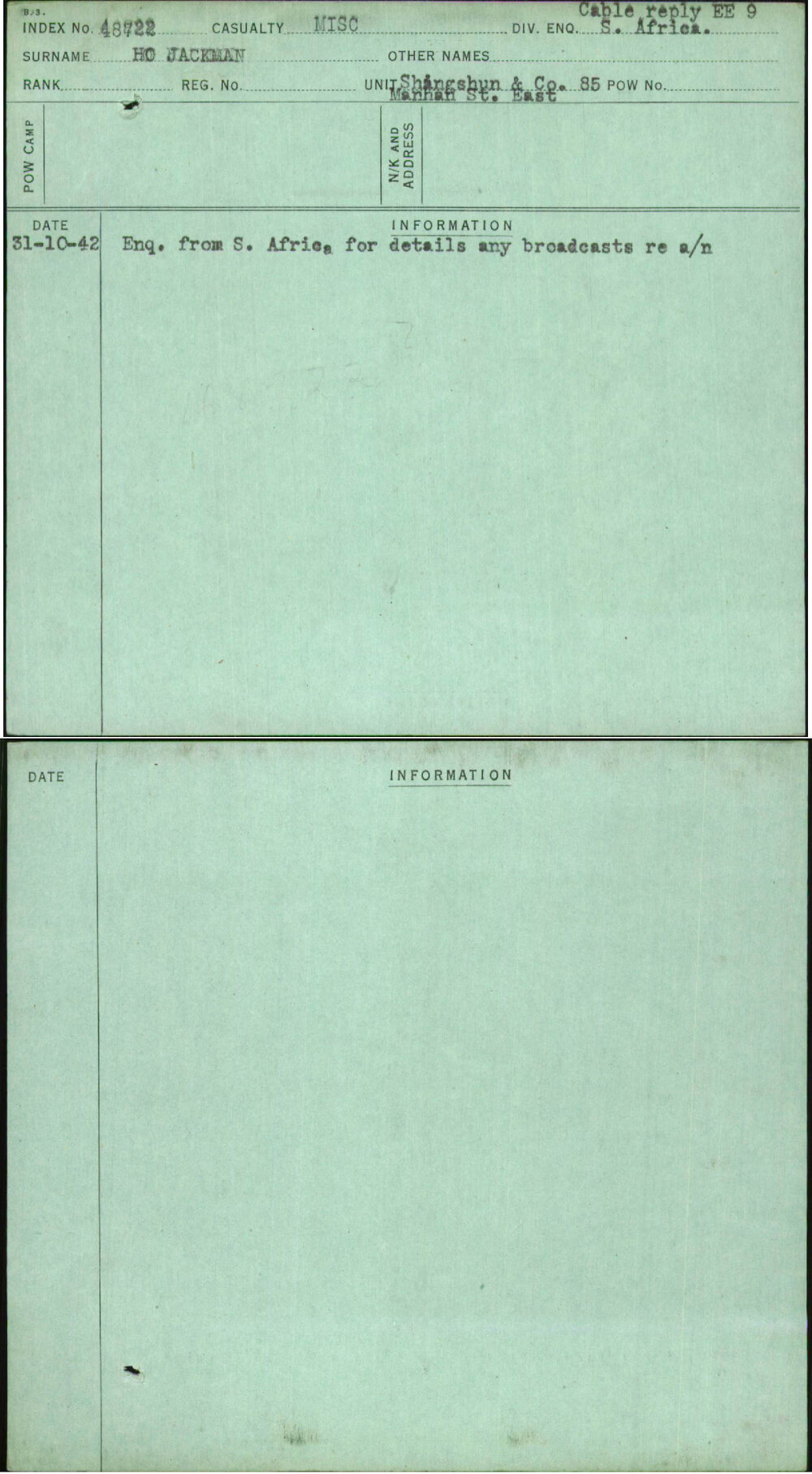 Ho Jackman, [No Given Name], [No Service Number]