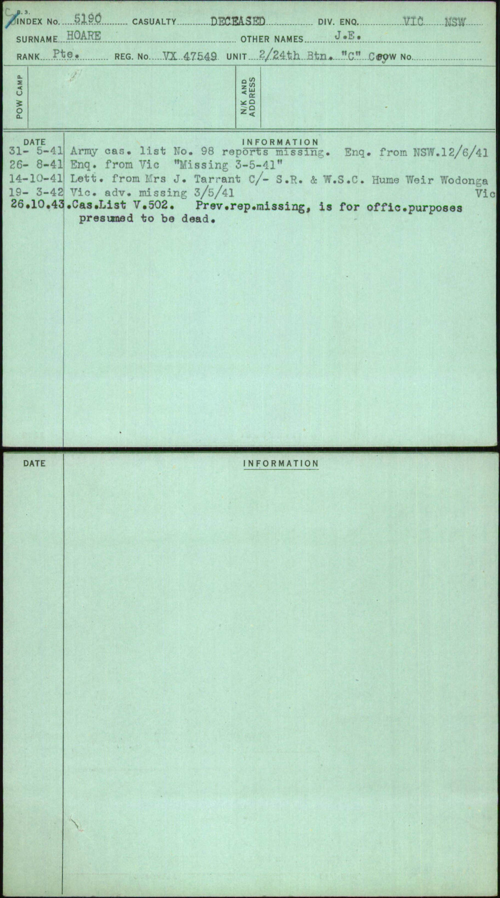 Hoare, J E, VX47549