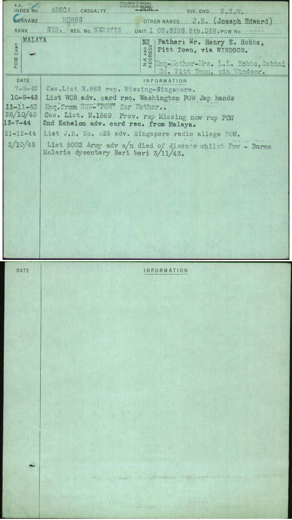 Hobbs, J E (Joseph Edward), NX25775