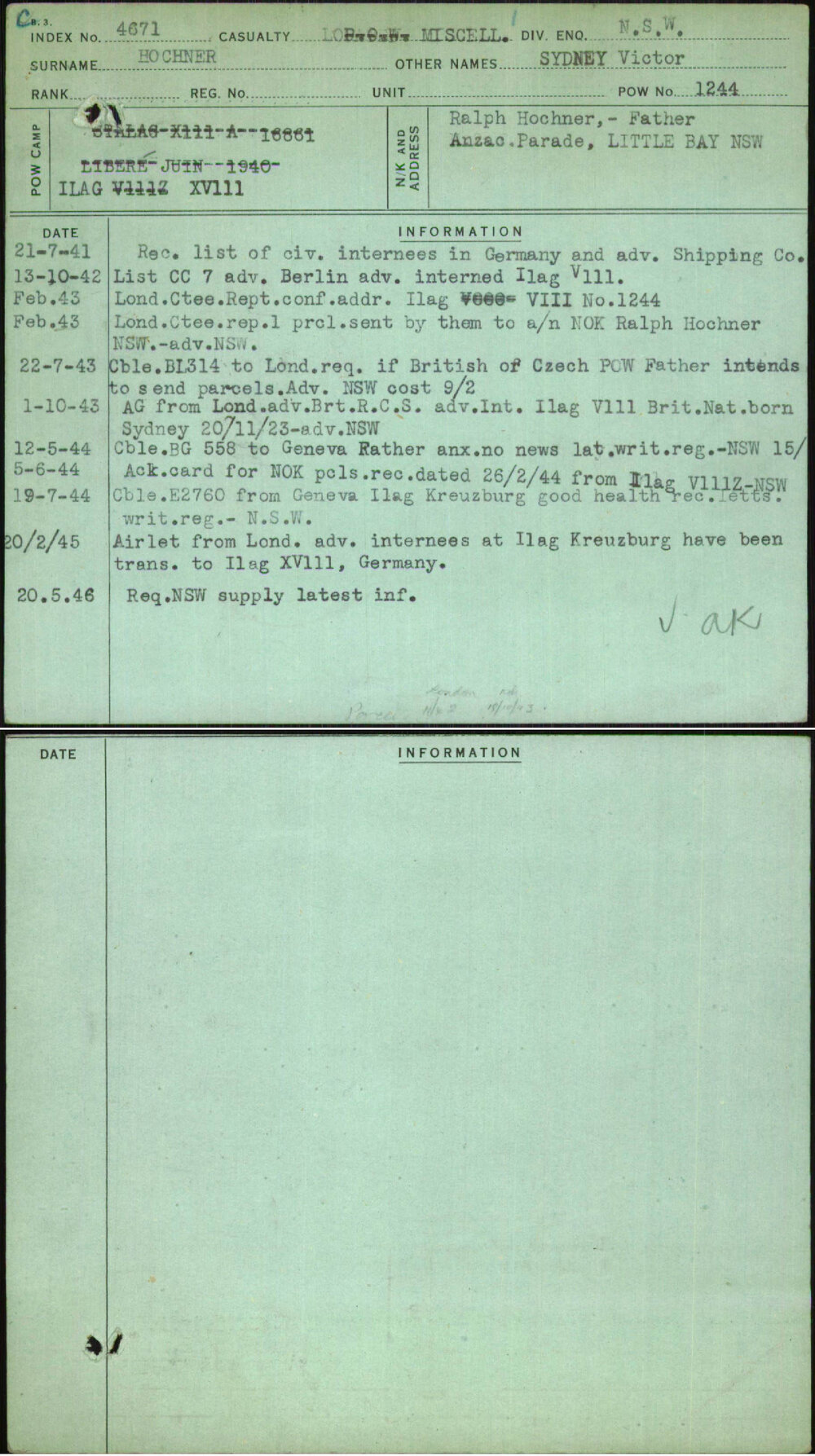 Hochner, Sydney Victor, [No Service Number]