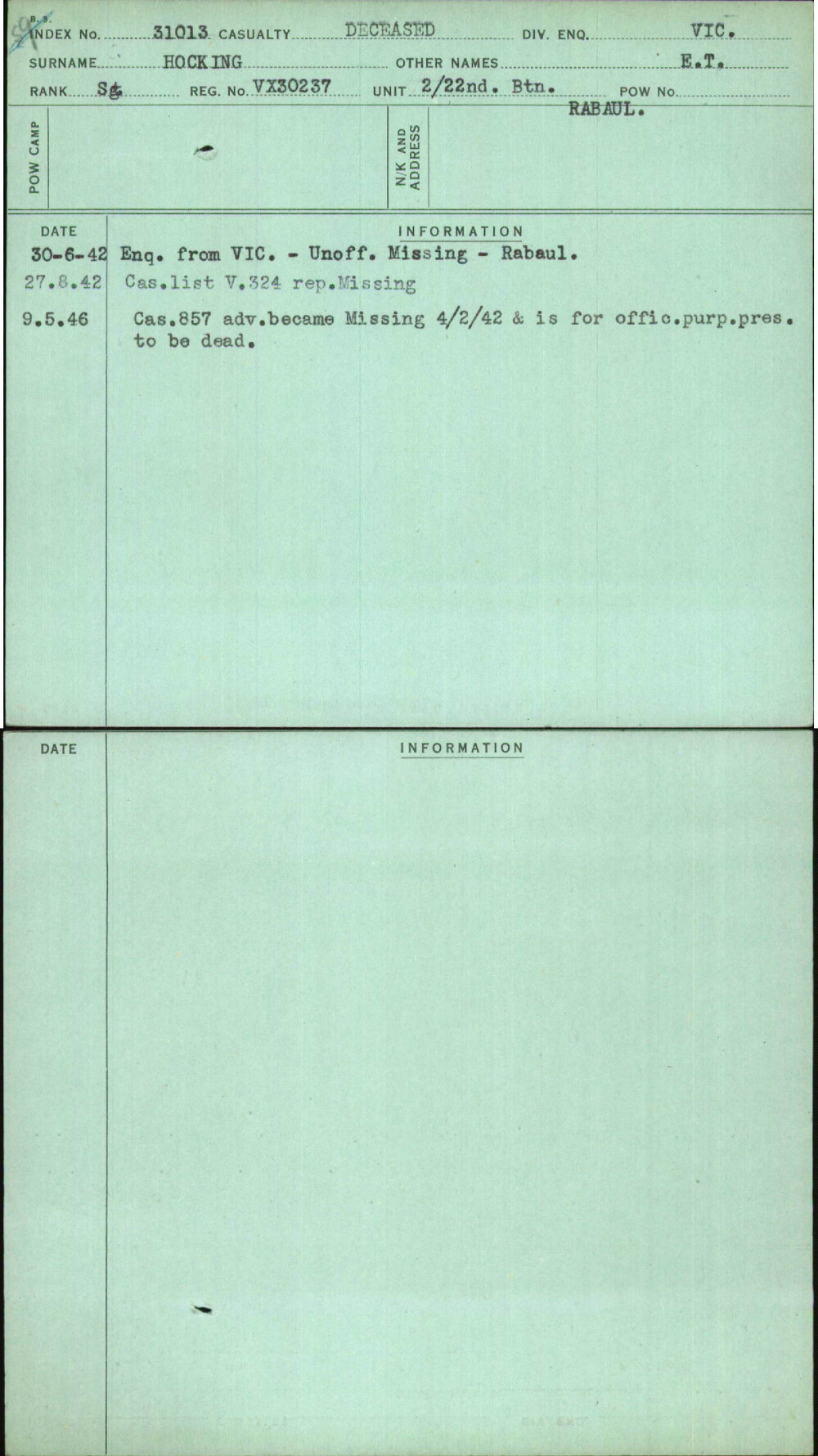 Hocking, E T, VX30237