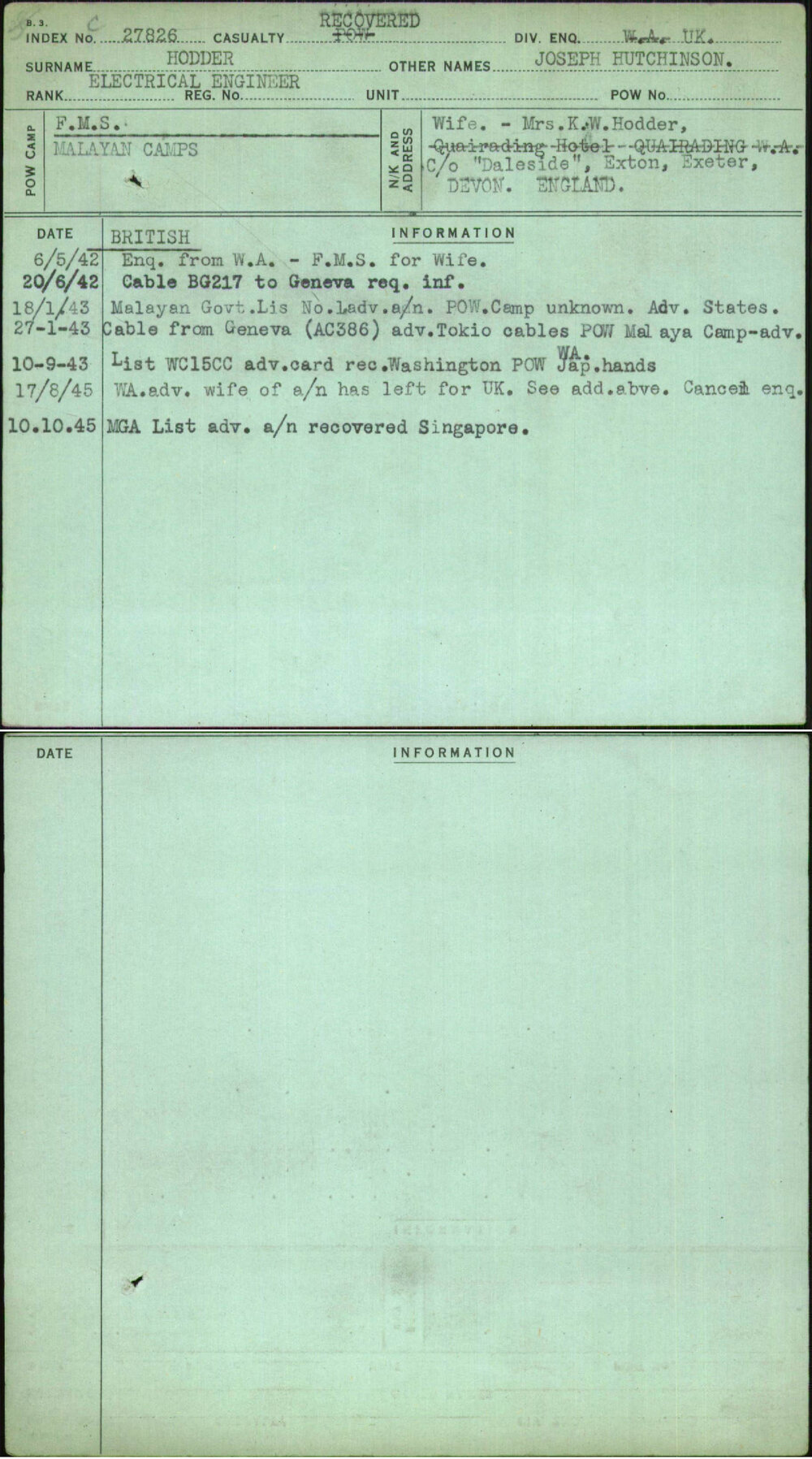 Hodder, Joseph Hutchinson, [No Service Number]