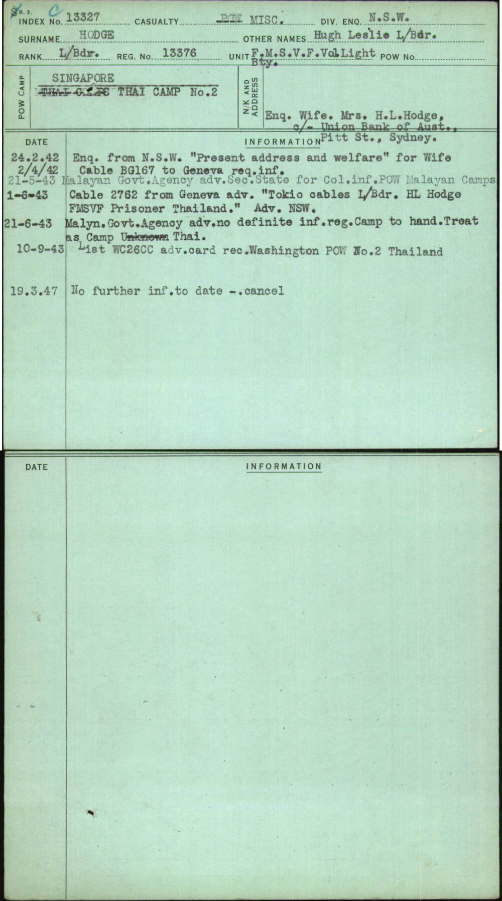 Hodge, Hugh Leslie L-Bdr, 13376