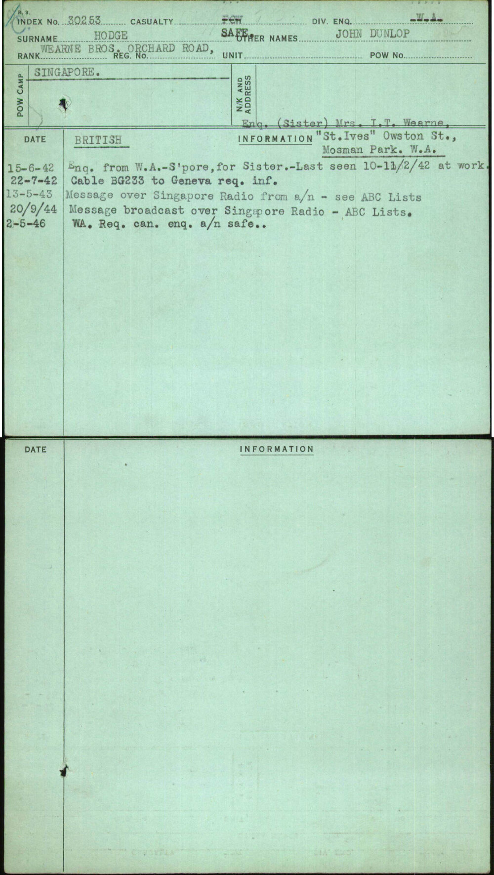 Hodge, John Dunlop, [No Service Number]