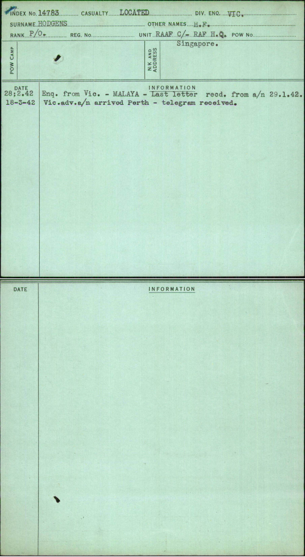 Hodgens, H F, [No Service Number]