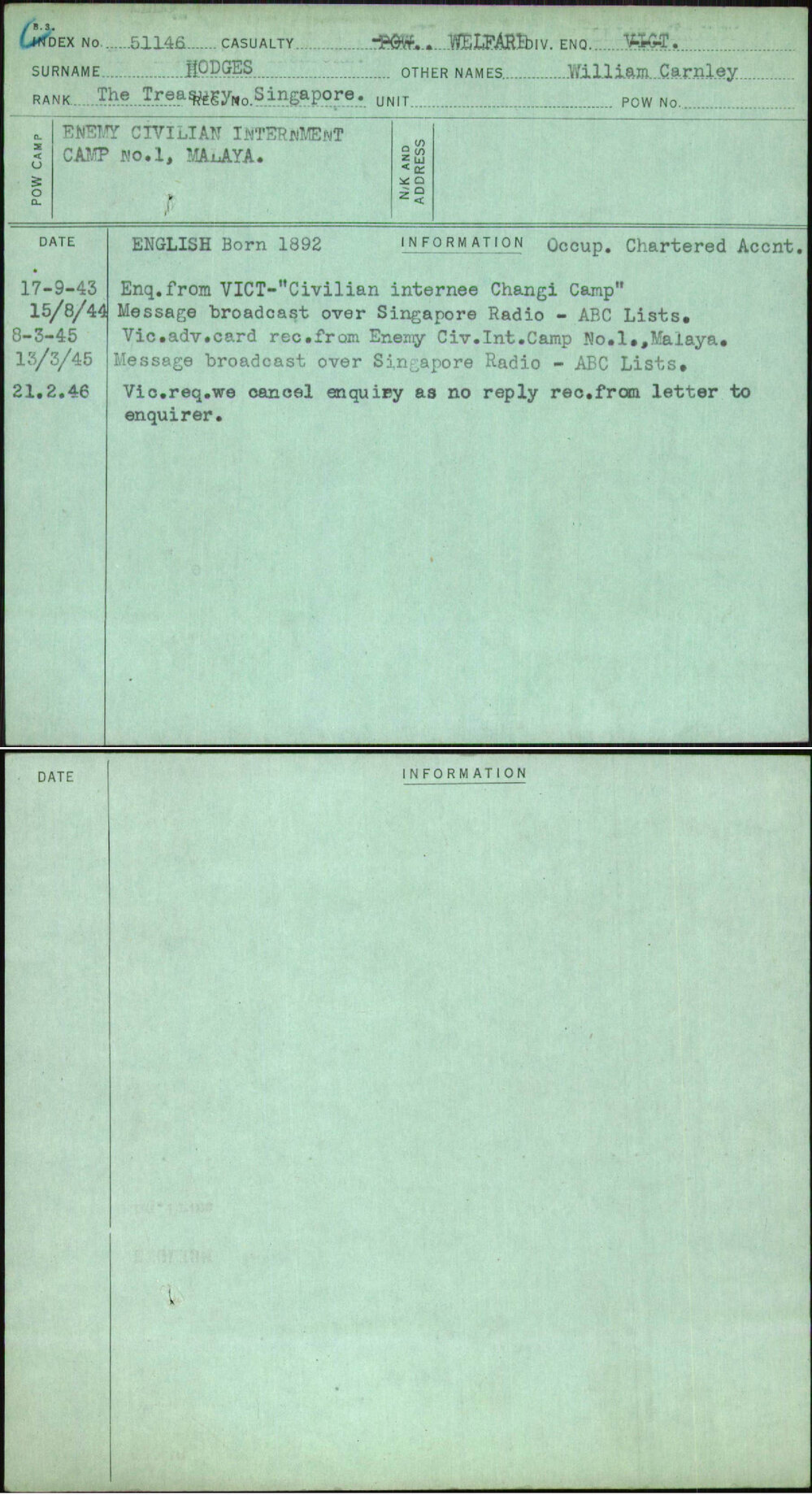 Hodges, William Carnley, Singapore