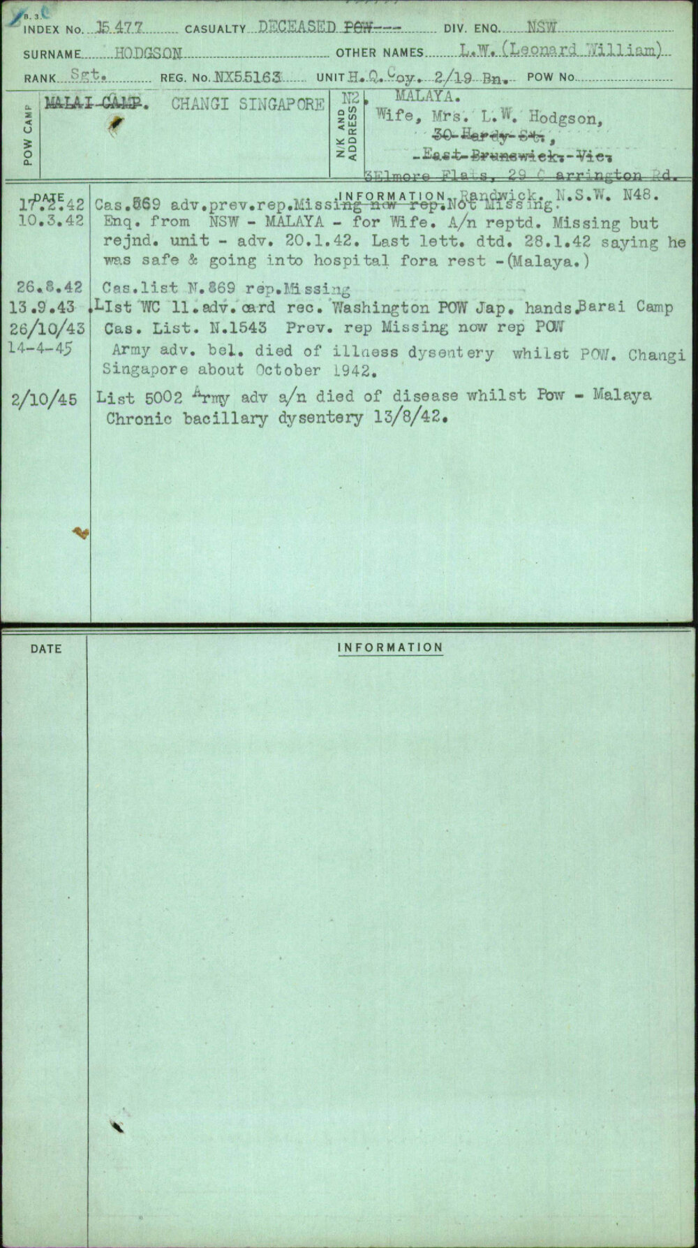 Hodgson, L W (Leonard William), NX55163