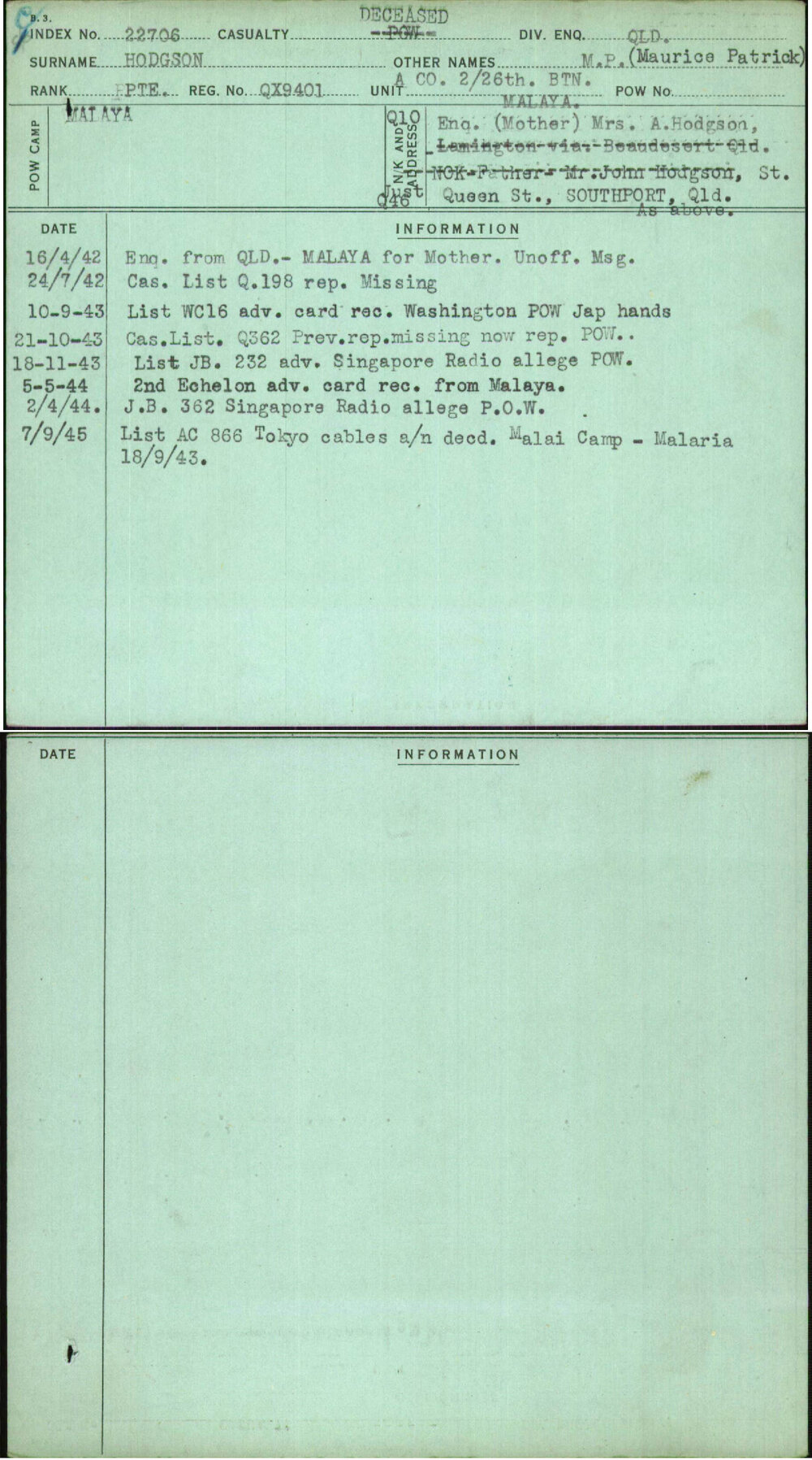 Hodgson, M P (Maurice Patrick), QX9401