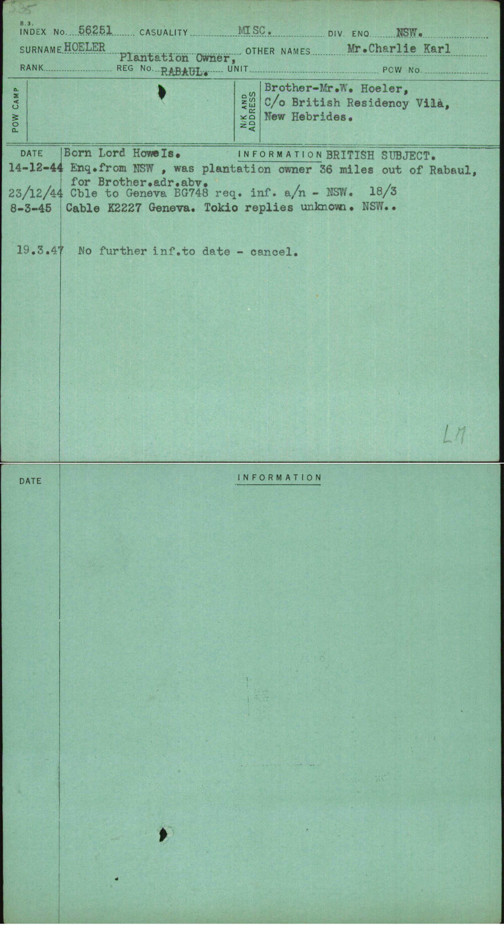 Hoeler, Mr Charlie Karl, Plantation Owner Rabaul