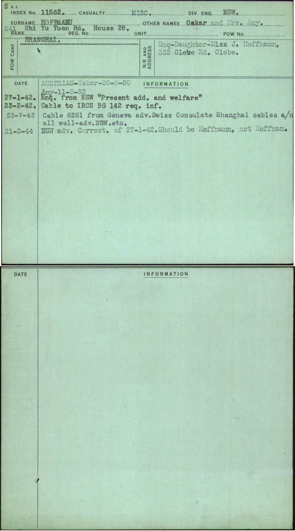 Hoffmann, Oskar And Mrs Any, [No Service Number]