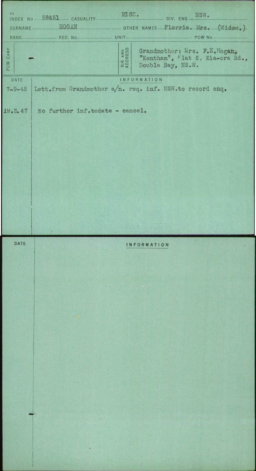 Hogan, Florria Mrs (Widow), [No Service Number]