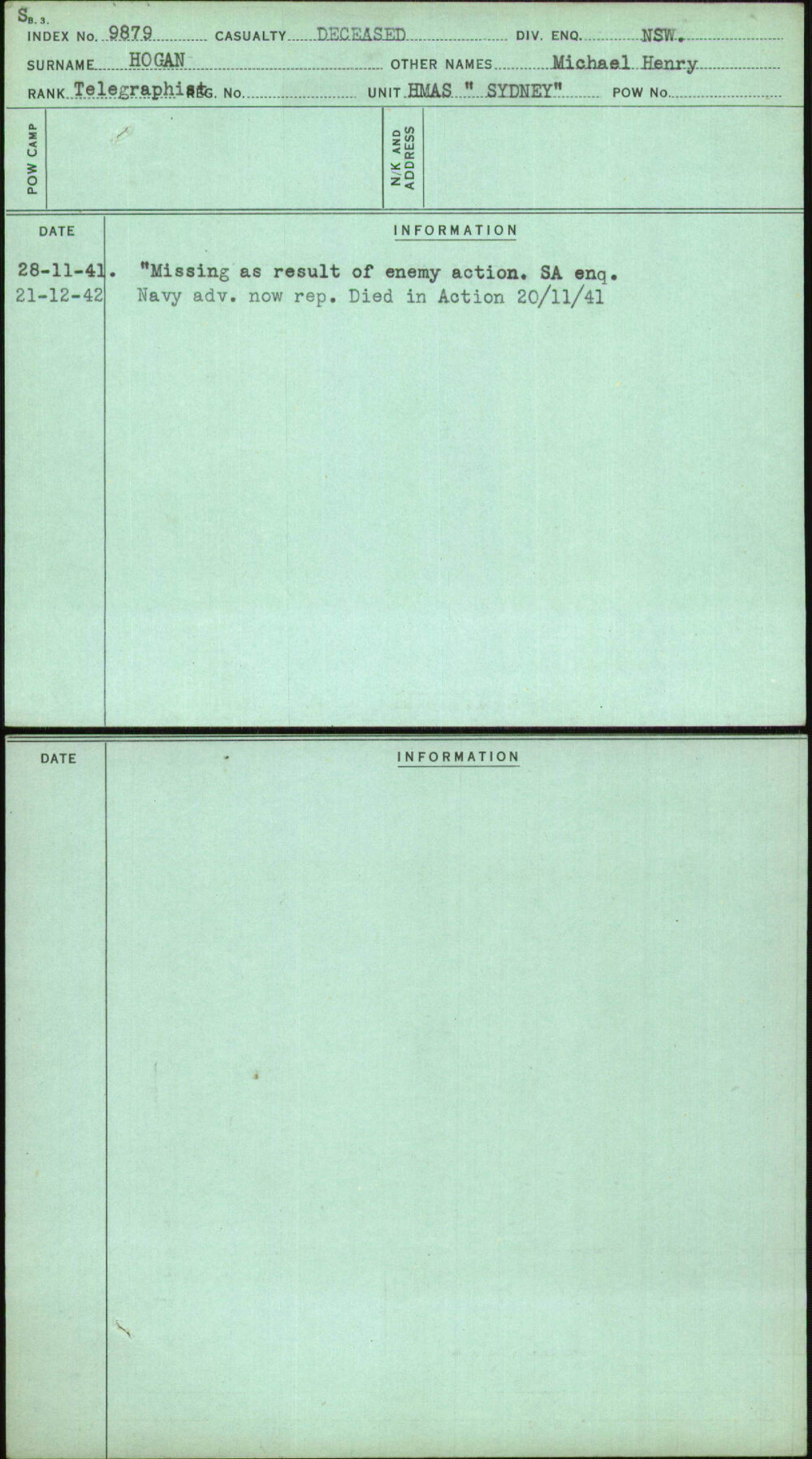 Hogan, Michael Henry, [No Service Number]