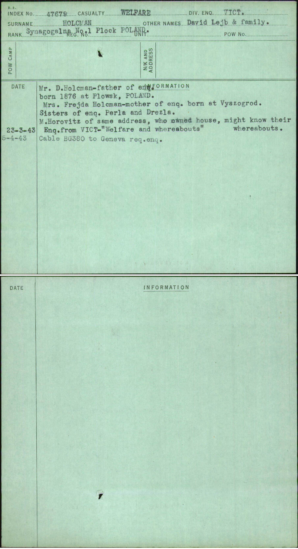 Holcman, David Lejb &amp; Family, [No Service Number]