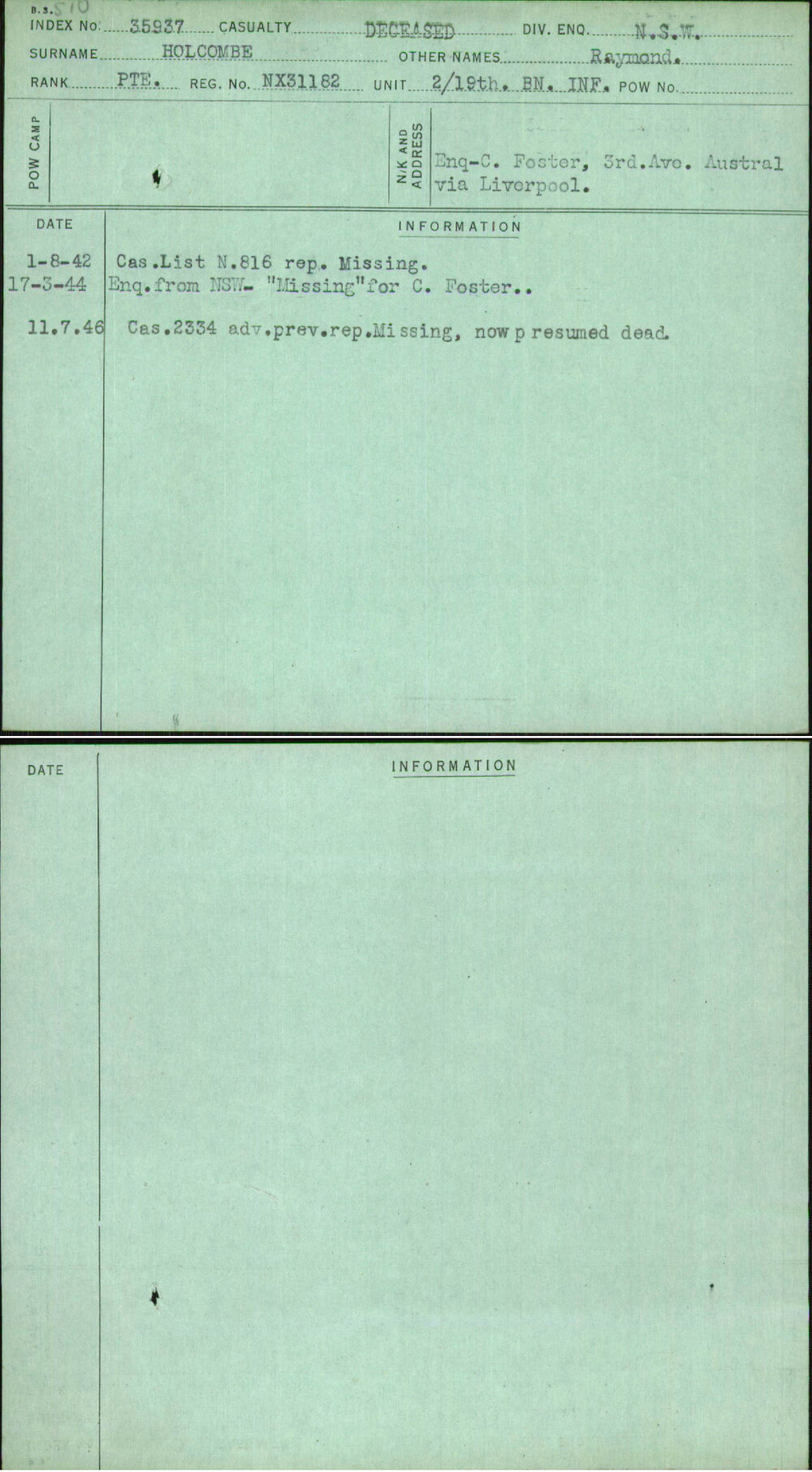 Holcombe, Raymond, NX31182