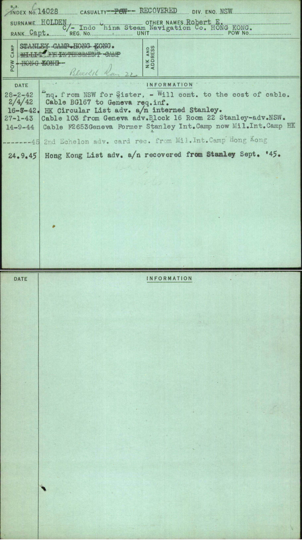 Holden, Robert E, [No Service Number]