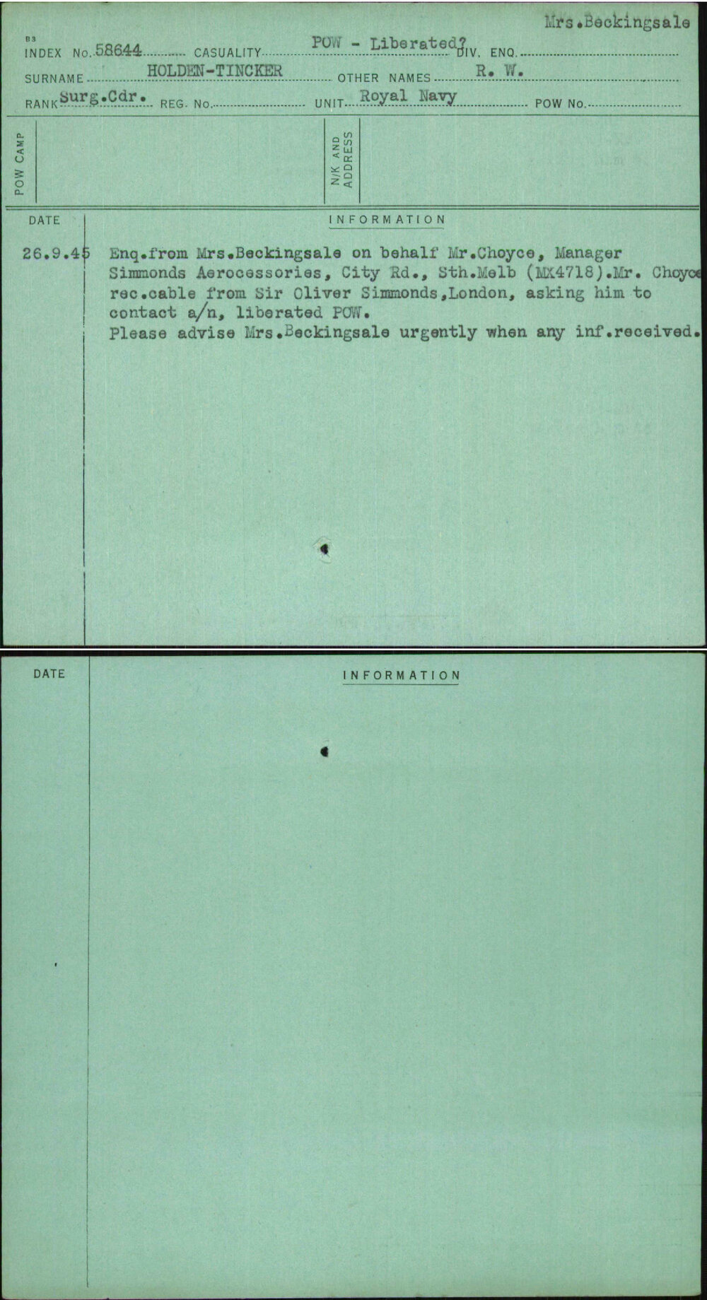 Holden-Tincker, R W, [No Service Number]