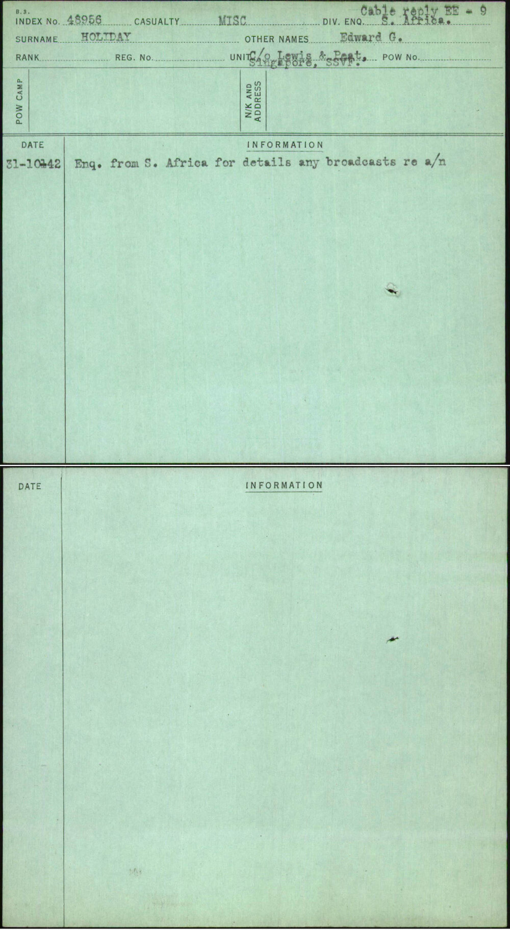Holiday, Edward G, [No Service Number]