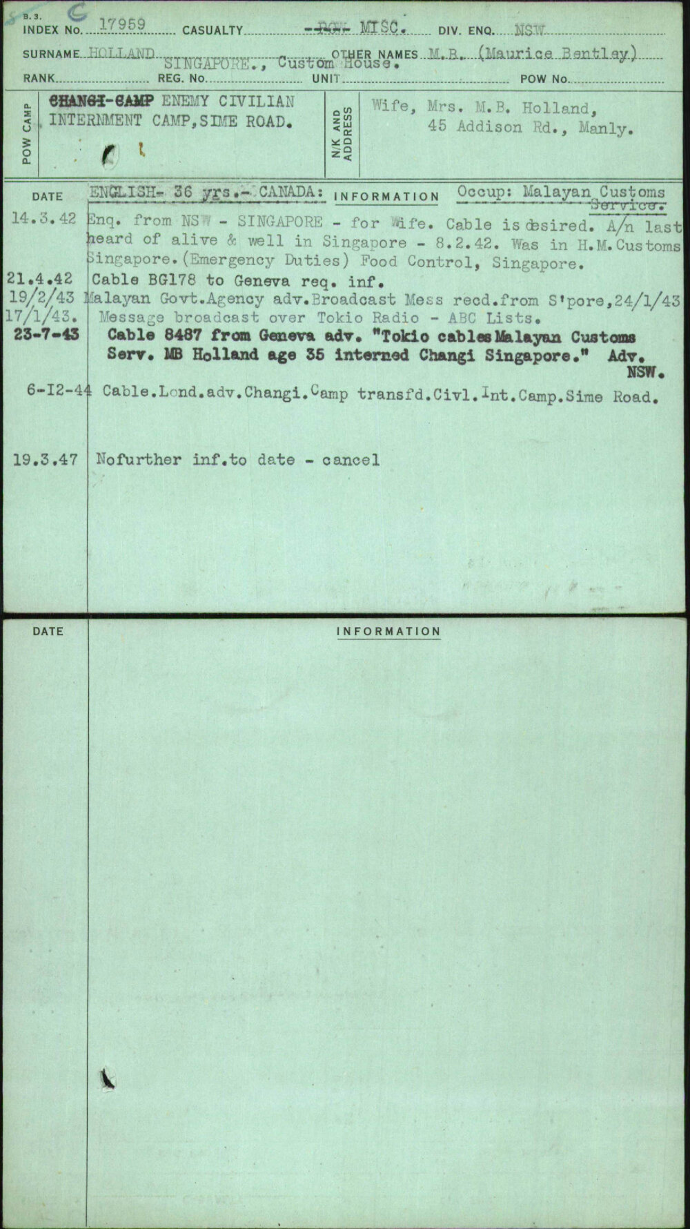 Holland, M B (Maurice Bentlay), Singapore Custom House
