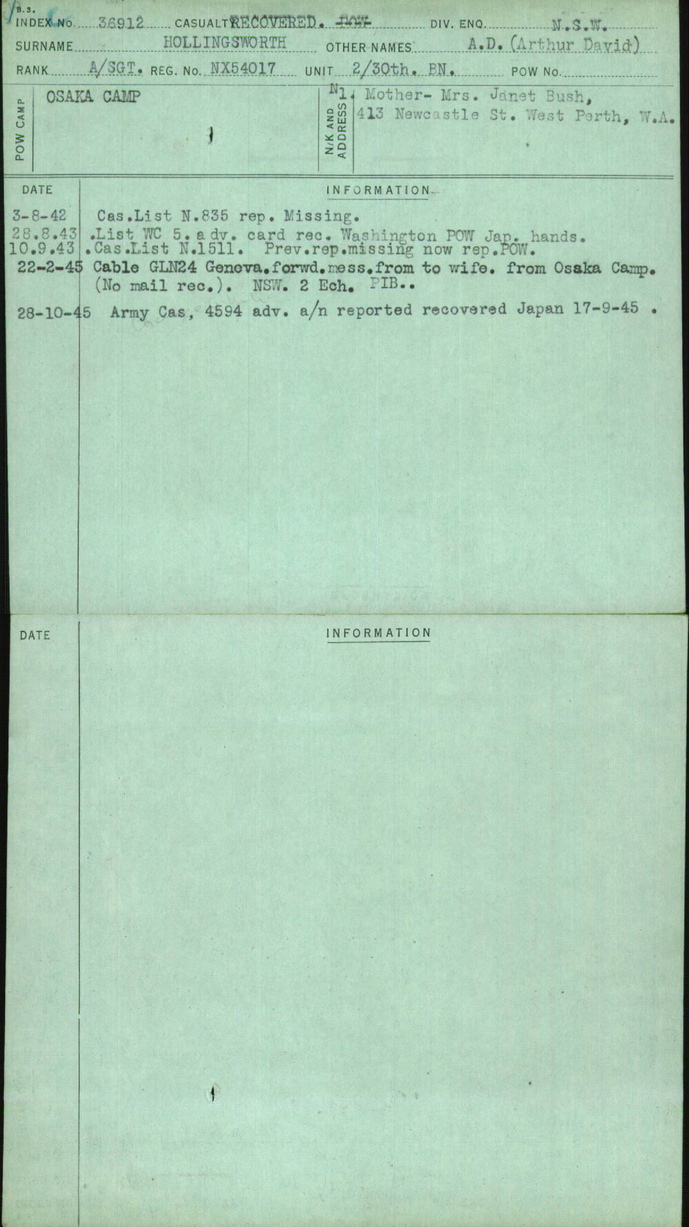 Hollingsworth, A D (Arthur David), NX54017