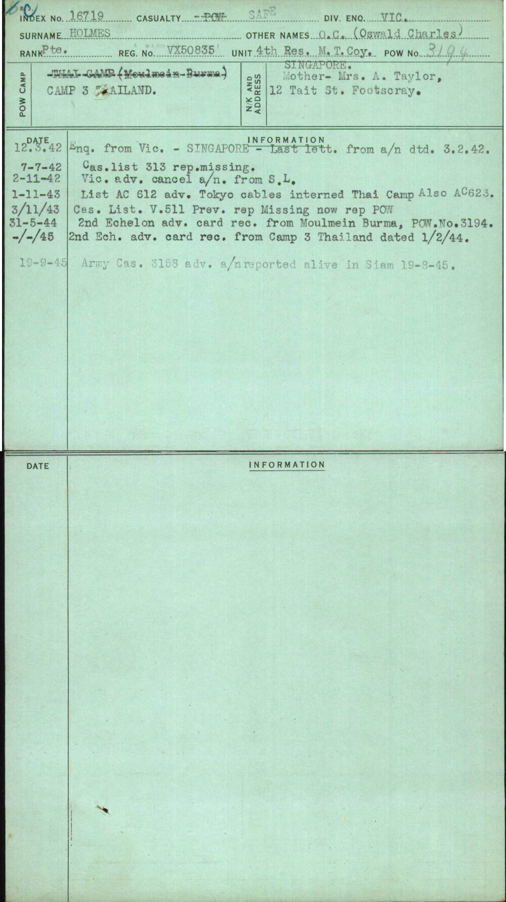 Holmes, O C (Oswald Charles), VX50835