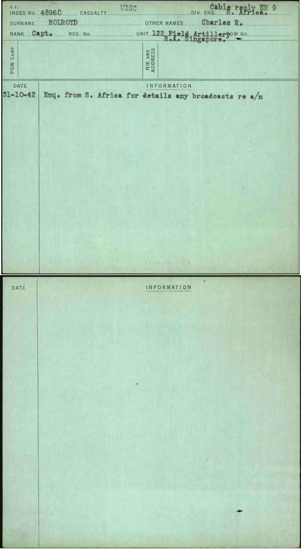 Holroyd, Charles R, [No Service Number]