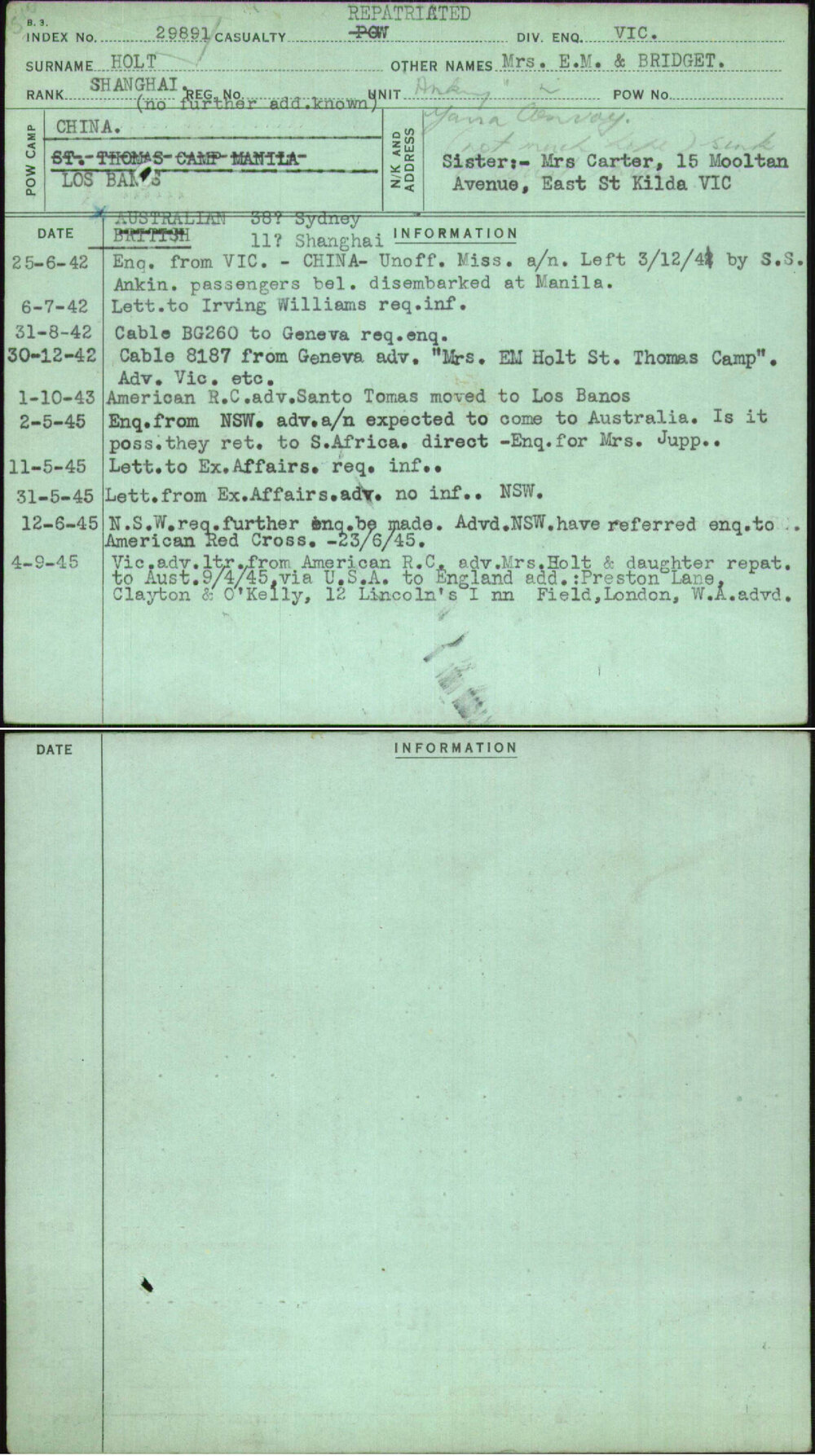 Holt, Mrs E M &amp; Bridget, [No Service Number]