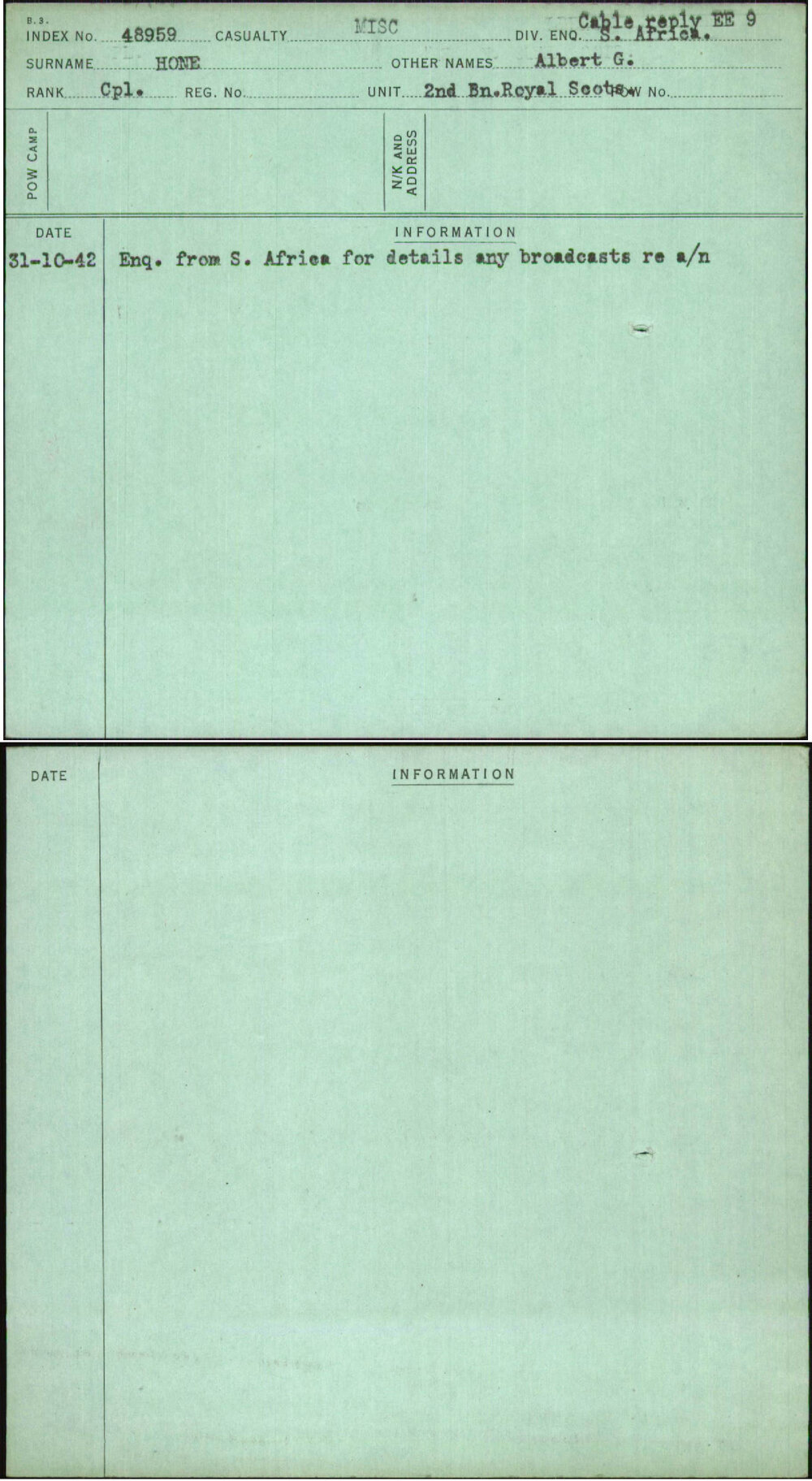 Hone, Albert G, [No Service Number]