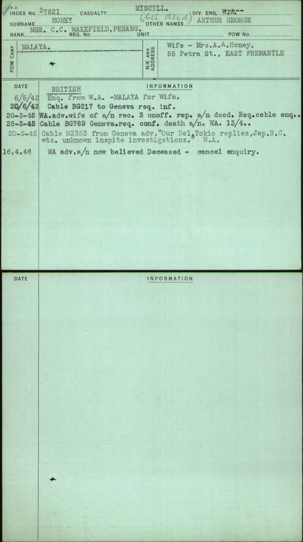 Honey, Arthur George, [No Service Number]