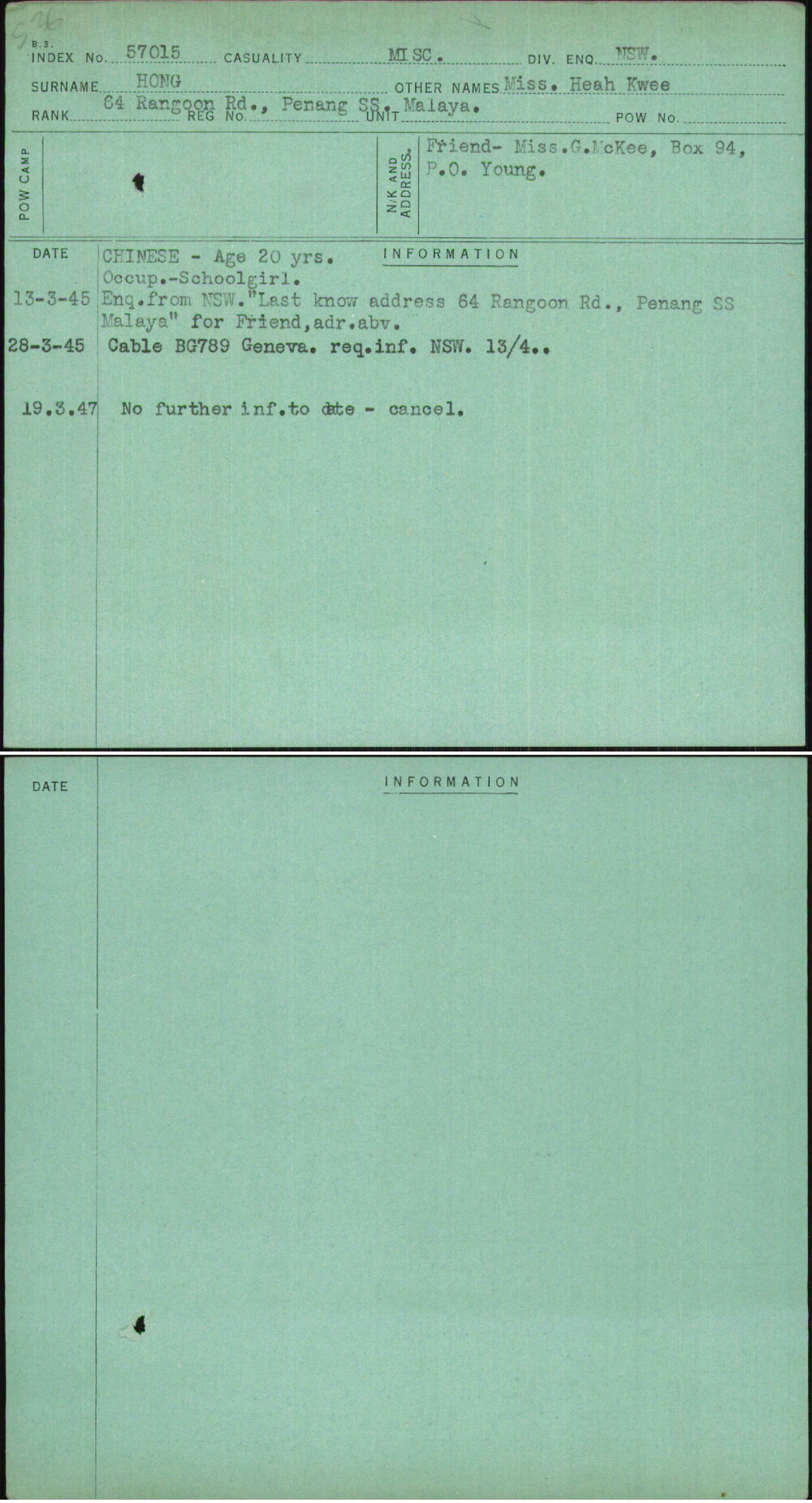 Hong, Miss Heah Kwee, [No Service Number]